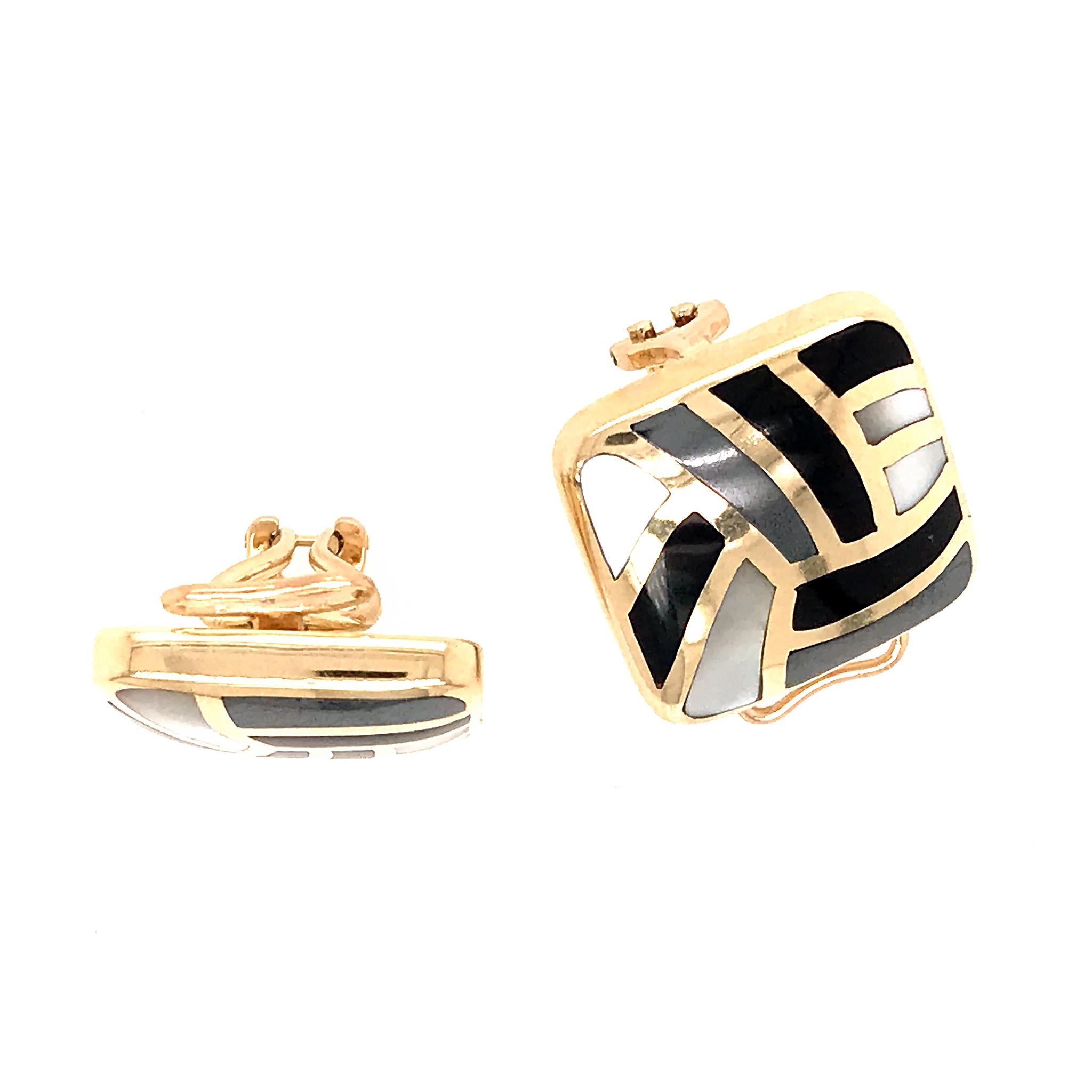 Single Cut Asch Grossbardt 14 Karat Yellow Gold Mother of Pearl and Onyx Inlay Earrings