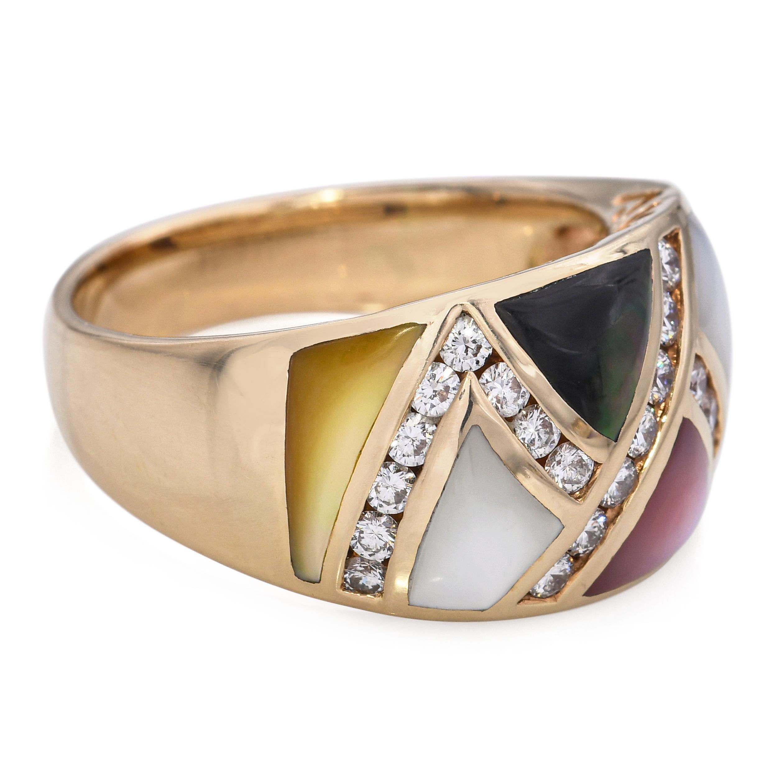 Asch Grossbardt 14k Gelbgold Perlmutt Inlay und Diamant Ring im Zustand „Gut“ im Angebot in New York, NY