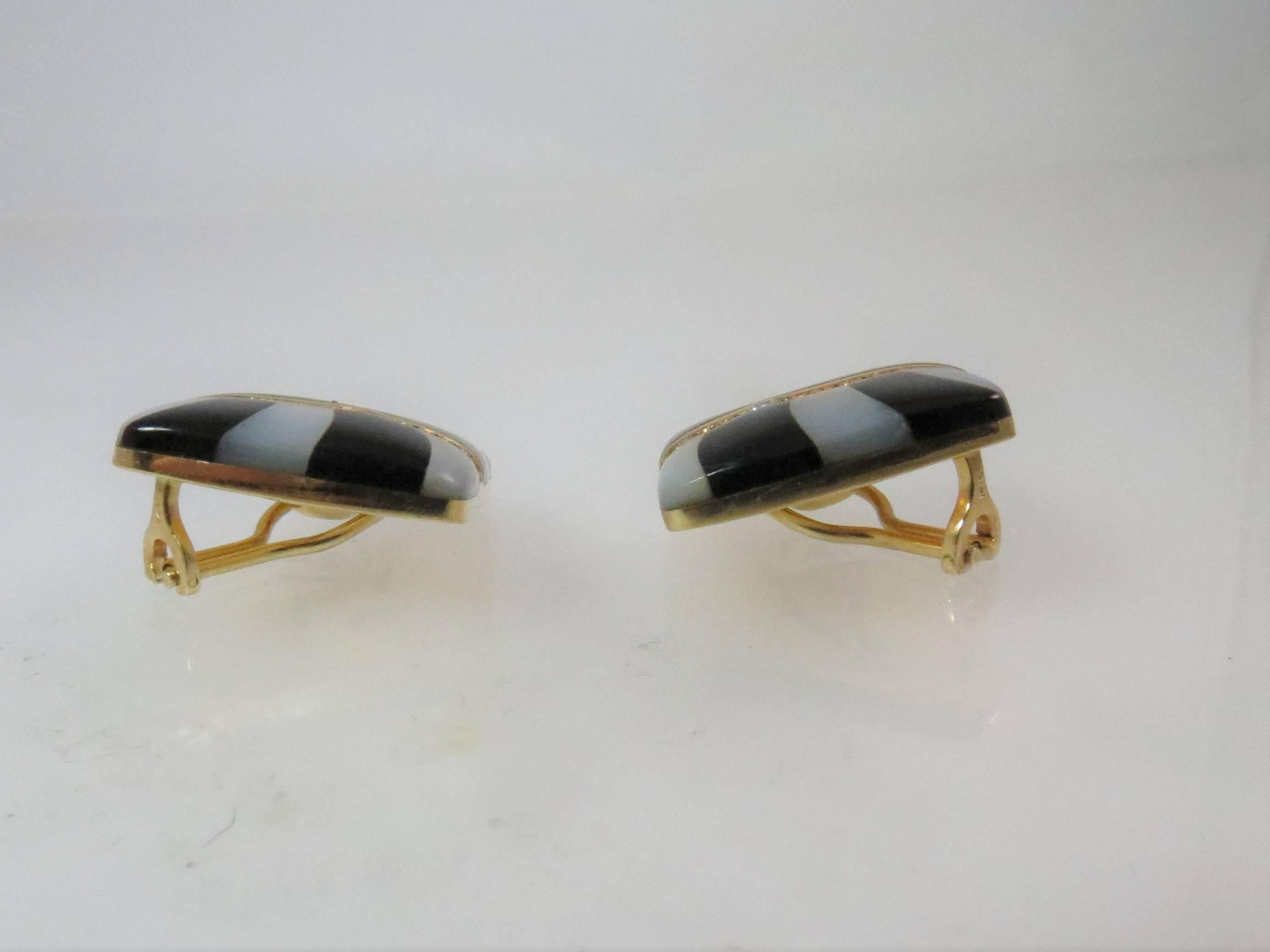 Round Cut Asch Grossbardt 14 Karat Gold, Diamond, Black Onyx and Mother-of-Pearl Ear Clips For Sale