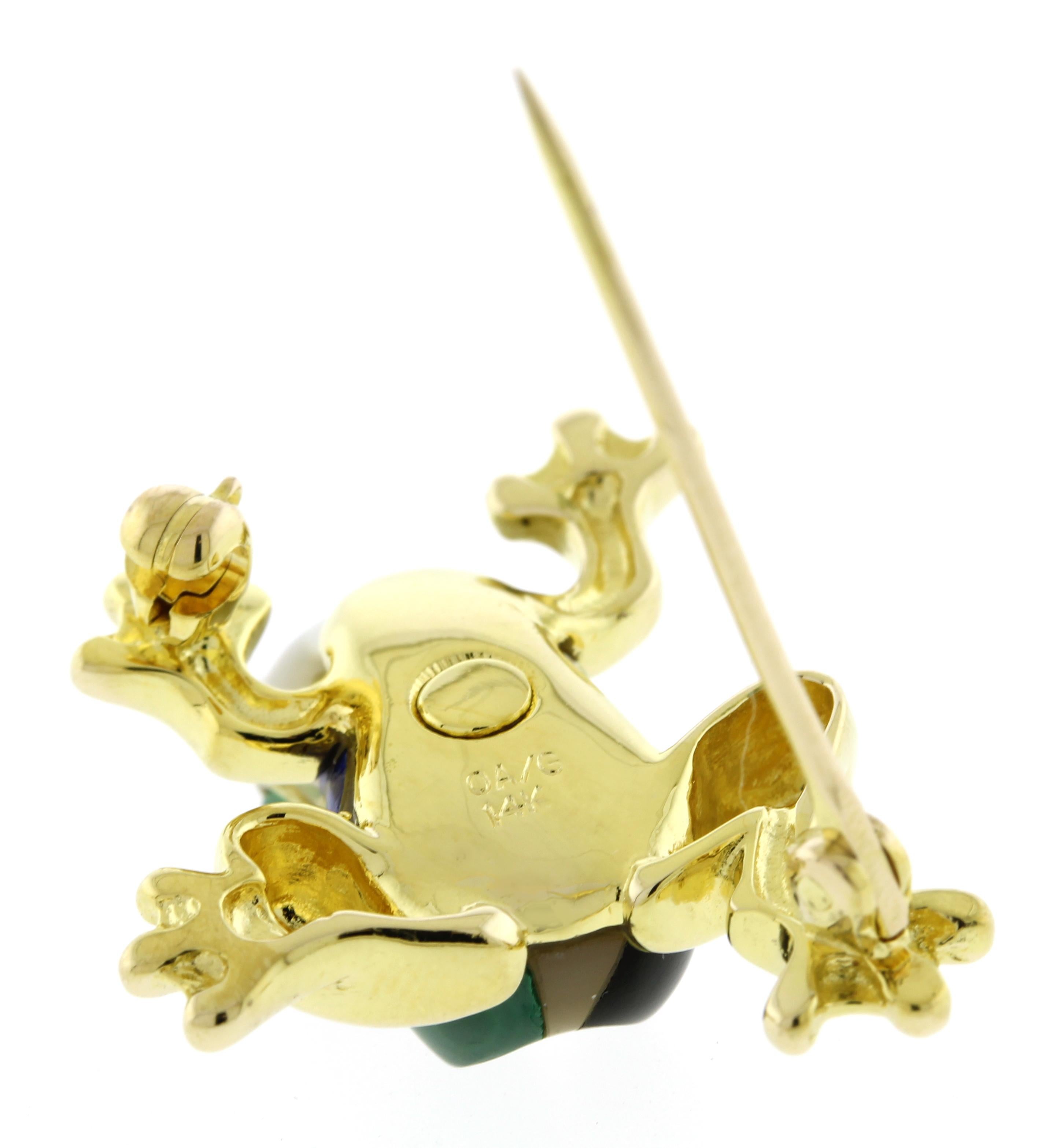 Women's or Men's Asch Grossbardt 14kt Yellow Gold Frog Brooch with Gemstones For Sale