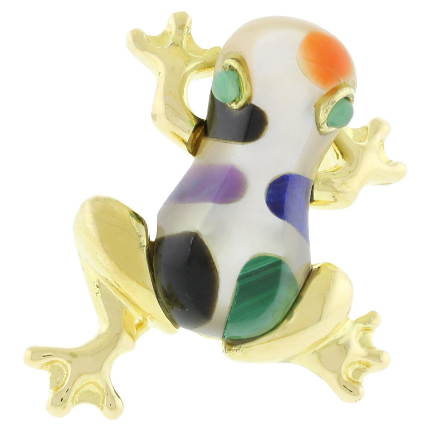 Asch Grossbardt 14kt Yellow Gold Frog Brooch with Gemstones For Sale