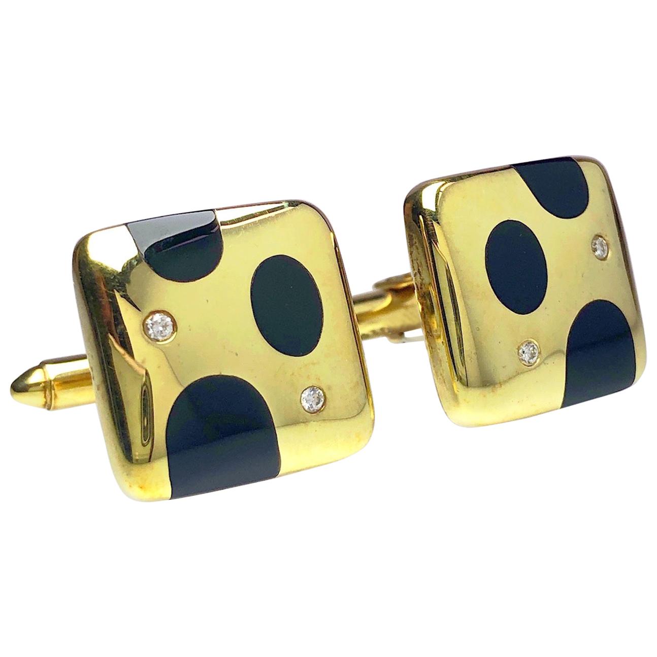 Asch Grossbardt 18 Karat Gold Cushion Cufflinks with Inlaid Onyx and Diamonds For Sale