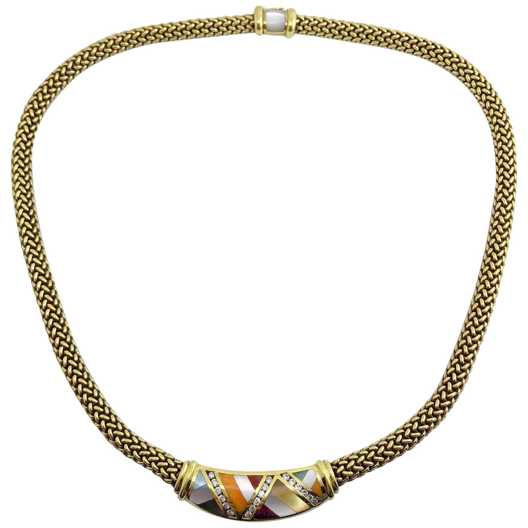 Asch Grossbardt 18 Karat Gold Mesh Necklace with Diamond and Mother-of-Pearl