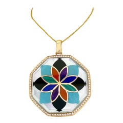 Asch Grossbardt 18 Karat Gold Mosaic Pattern Semi-Precious and Diamond Pendant