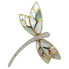 Asch Grossbardt 18 Karat Gold Mother of Pearl 0.31ct Diamond Dragonfly Brooch