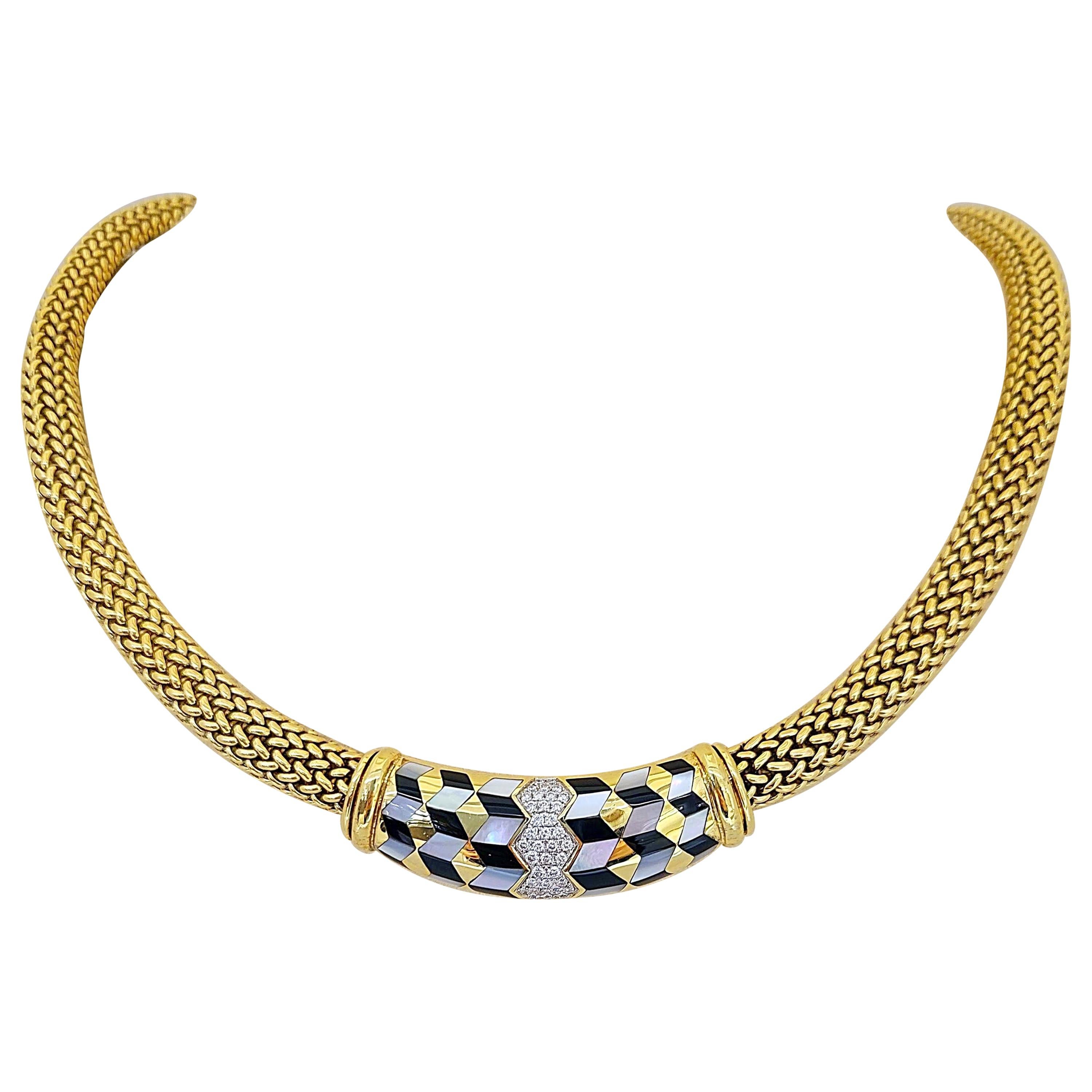 Asch Grossbardt 18 Karat Gold Halskette mit Intarsien aus Onyx, Perlmutt und Diamanten im Angebot