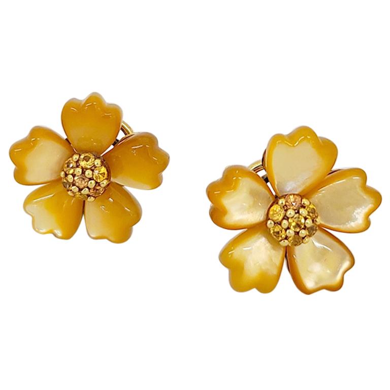 Asch Grossbardt 18 Karat Yellow Gold, Golden Mother of Pearl & Sapphire Earrings