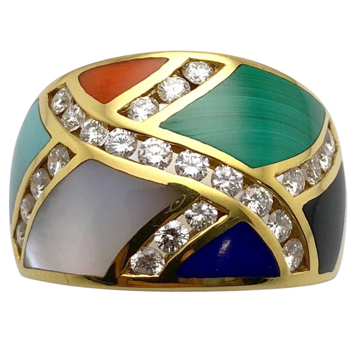 Asch Grossbardt 18 Karat Yellow Gold Ring with Diamonds and Inlaid Stones