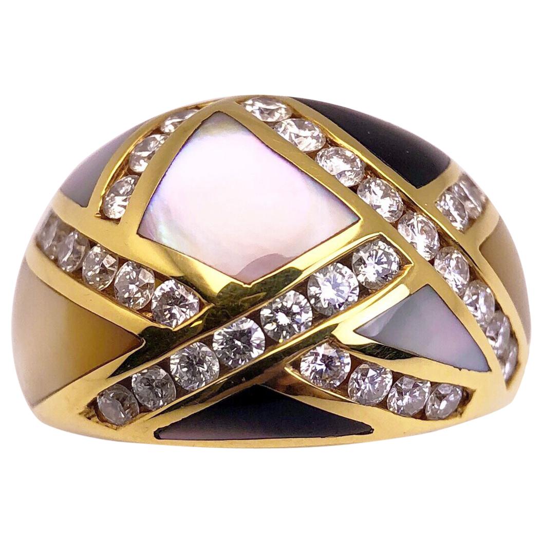 Asch Grossbardt 18 KT Yellow Gold, 1.00 CT Diamond and Mother of Pearl Dome Ring For Sale