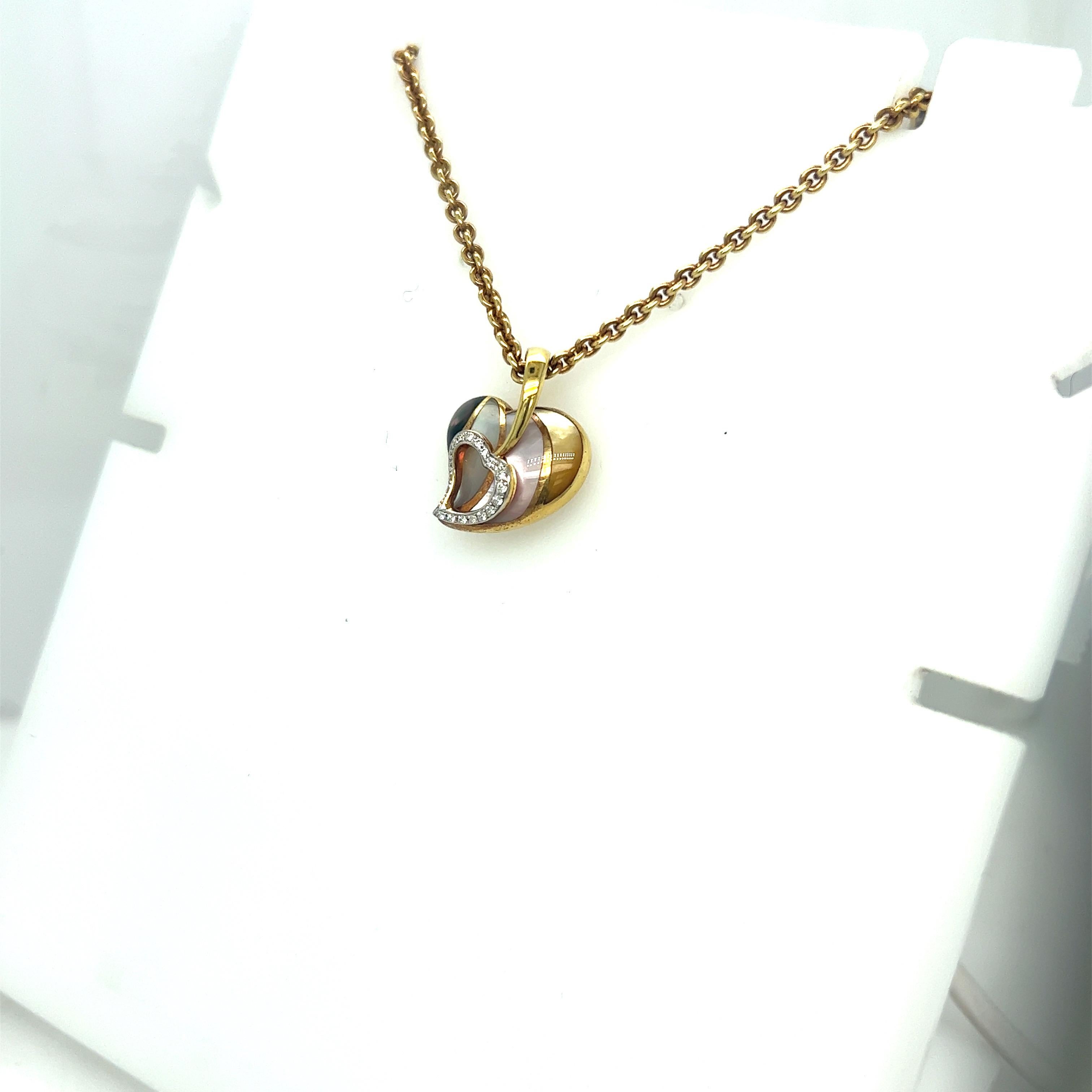 Modern Asch Grossbardt 18 KT YG Heart Pendant with .10 Cts Diamond and Mother of Pearl For Sale