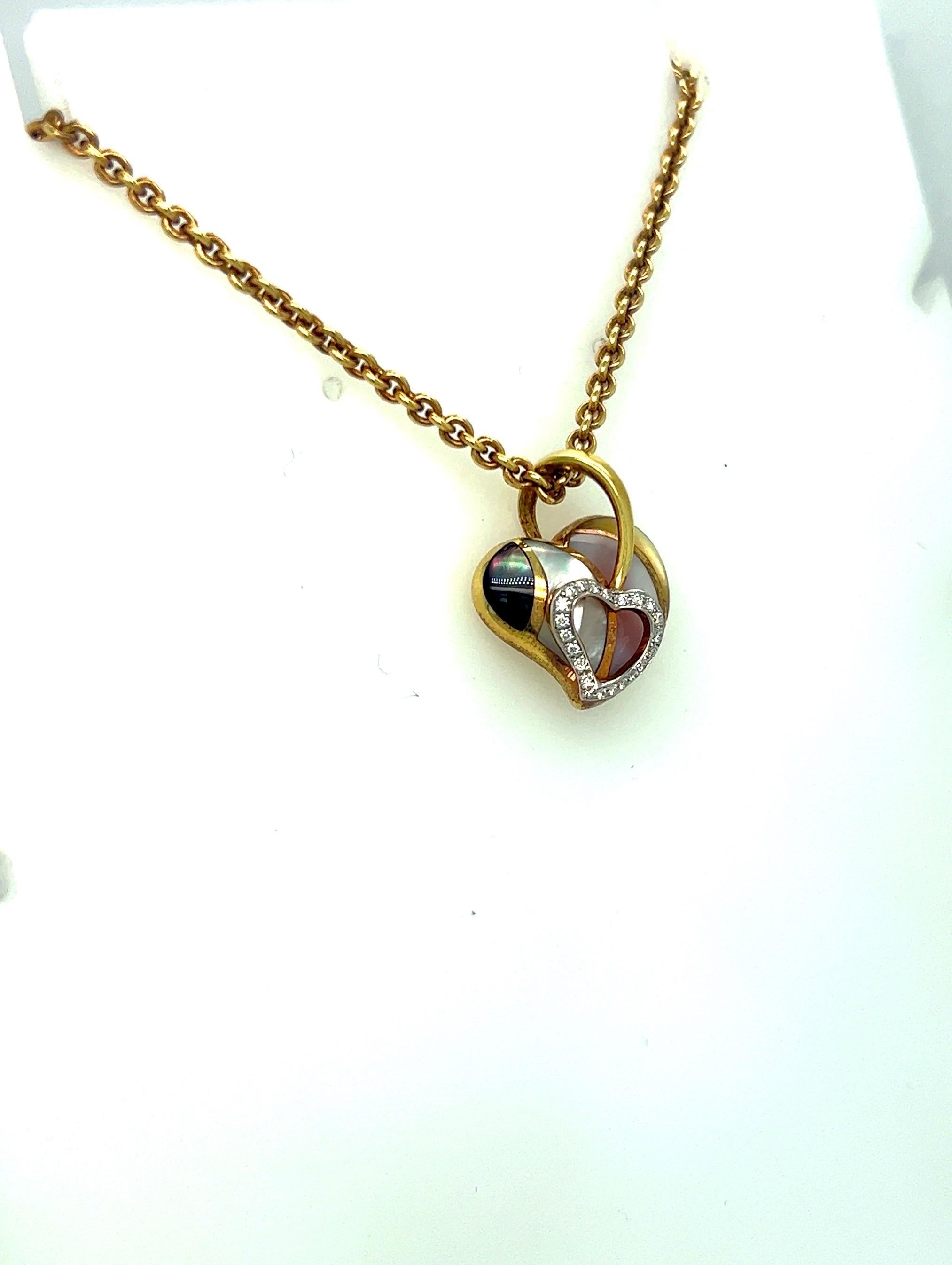 Round Cut Asch Grossbardt 18 KT YG Heart Pendant with .10 Cts Diamond and Mother of Pearl For Sale