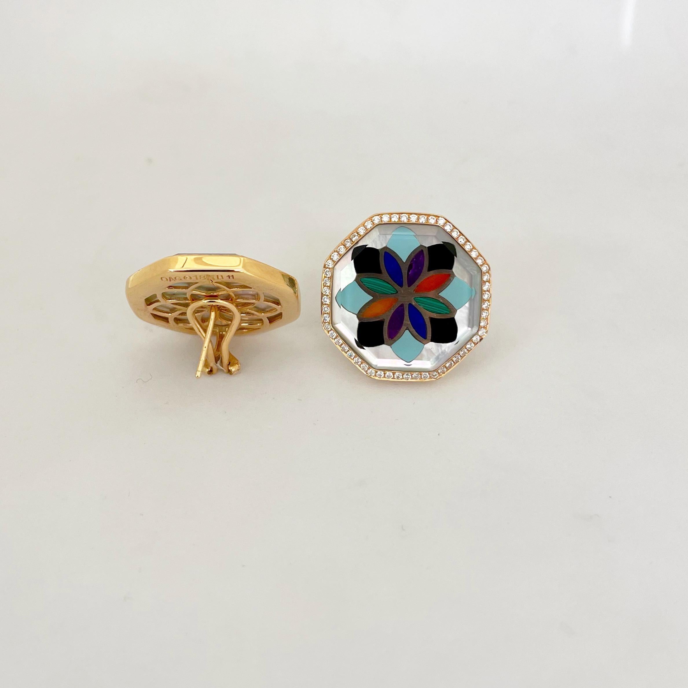 Asch Grossbardt 18k Rose Gold Mosaik Muster Halbedelsteine und Diamanten Ohrringe im Zustand „Neu“ im Angebot in New York, NY