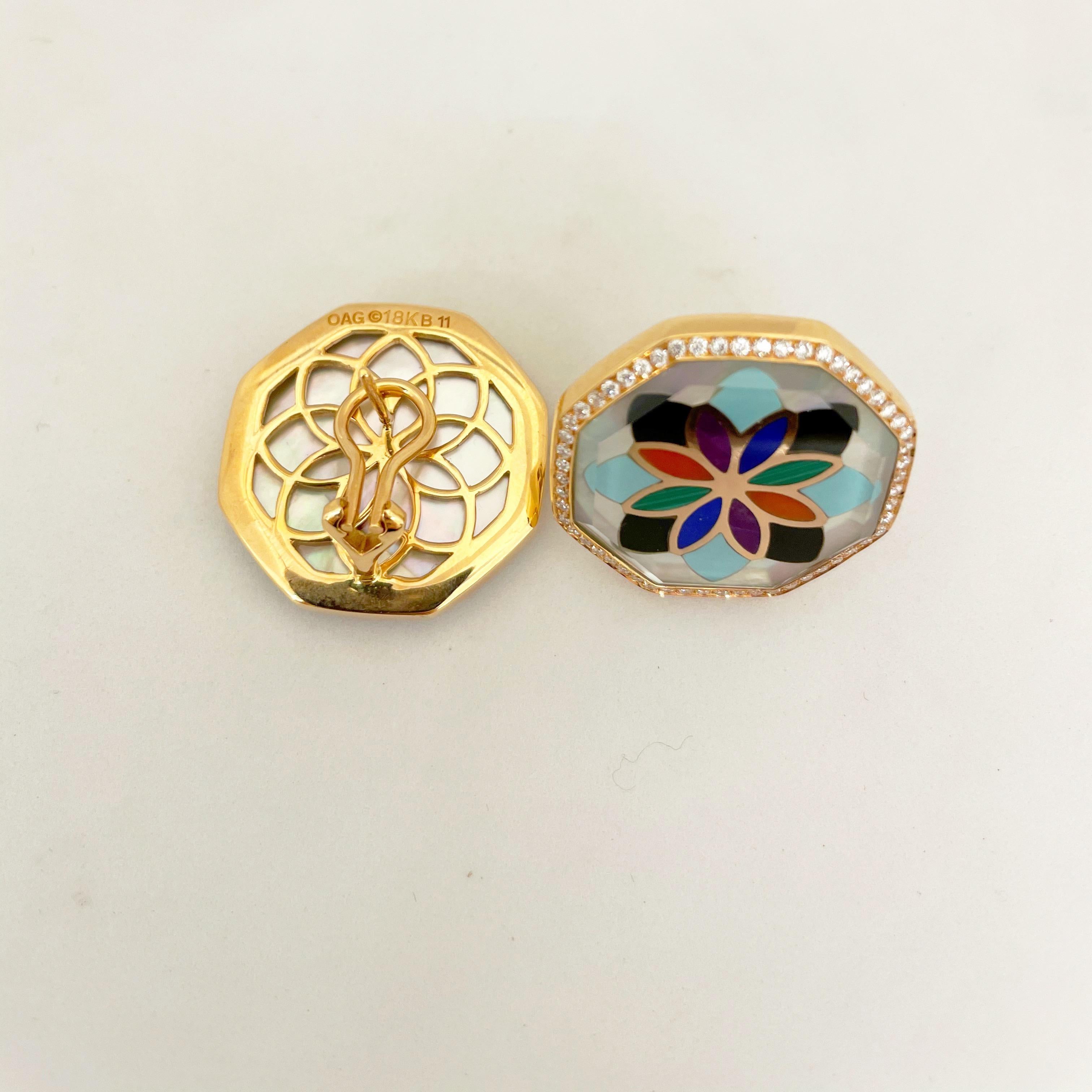 Asch Grossbardt 18k Rose Gold Mosaic Pattern Semi-Precious and Diamond Earrings In New Condition For Sale In New York, NY