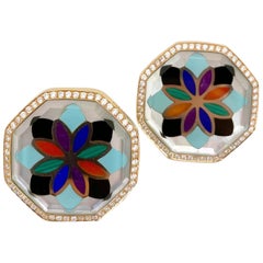 Asch Grossbardt 18k Rose Gold Mosaic Pattern Semi-Precious and Diamond Earrings