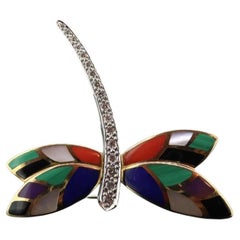 Asch Grossbardt 18K Yellow Gold DIAMONDs Inlaid Gemstone DragonFly BROOCH Pendan