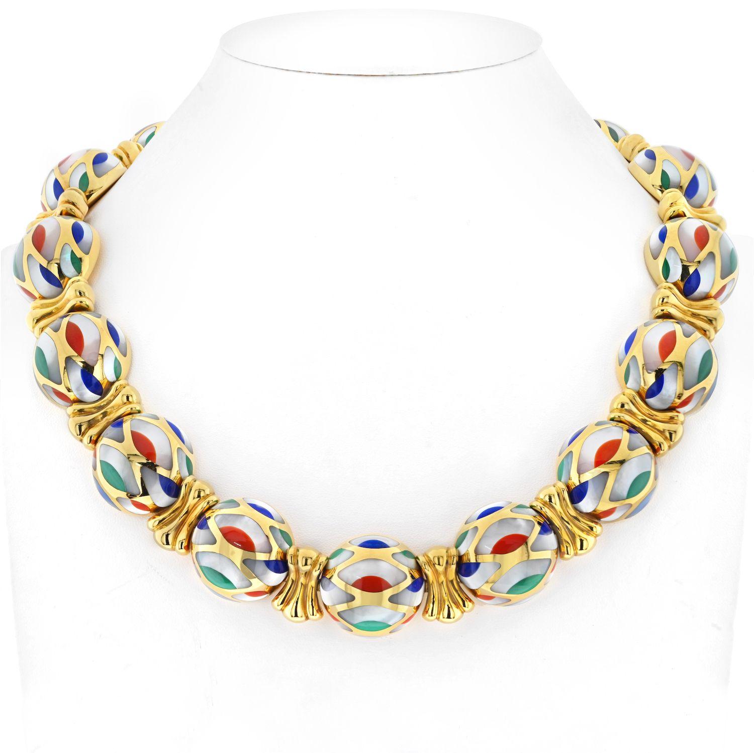 Modern Asch Grossbardt 18K Yellow Gold Mother Of Pearl Multi-Color Enamel Necklace