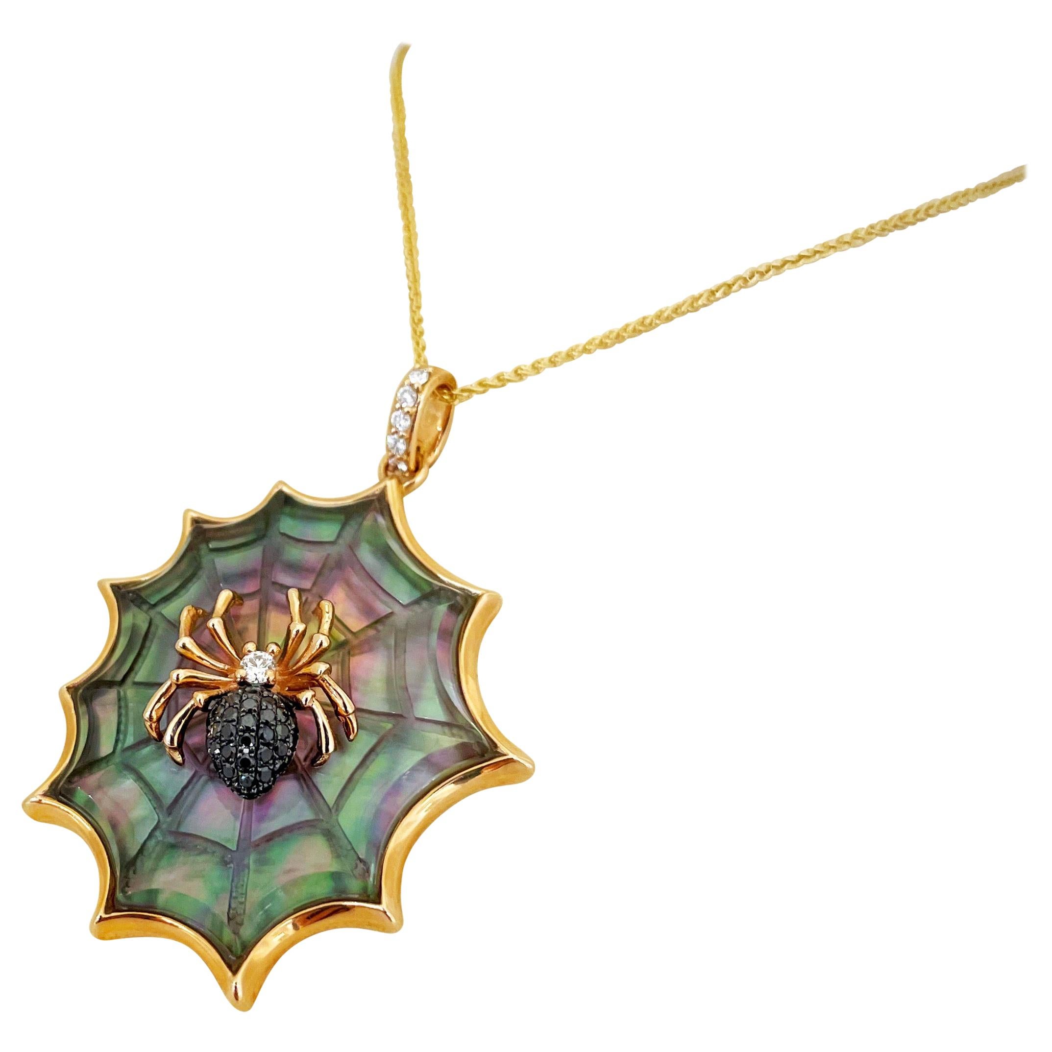Asch Grossbardt 18KT RG Spider Web Pendant with Black Diamond & Mother of Pearl