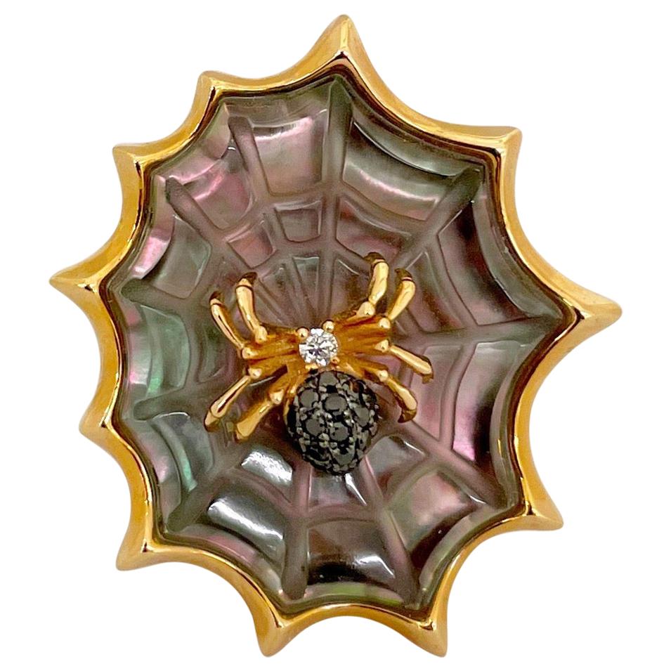 Asch Grossbardt 18KT RG Spider Web Ring with Diamond Spider and Mother of Pearl For Sale