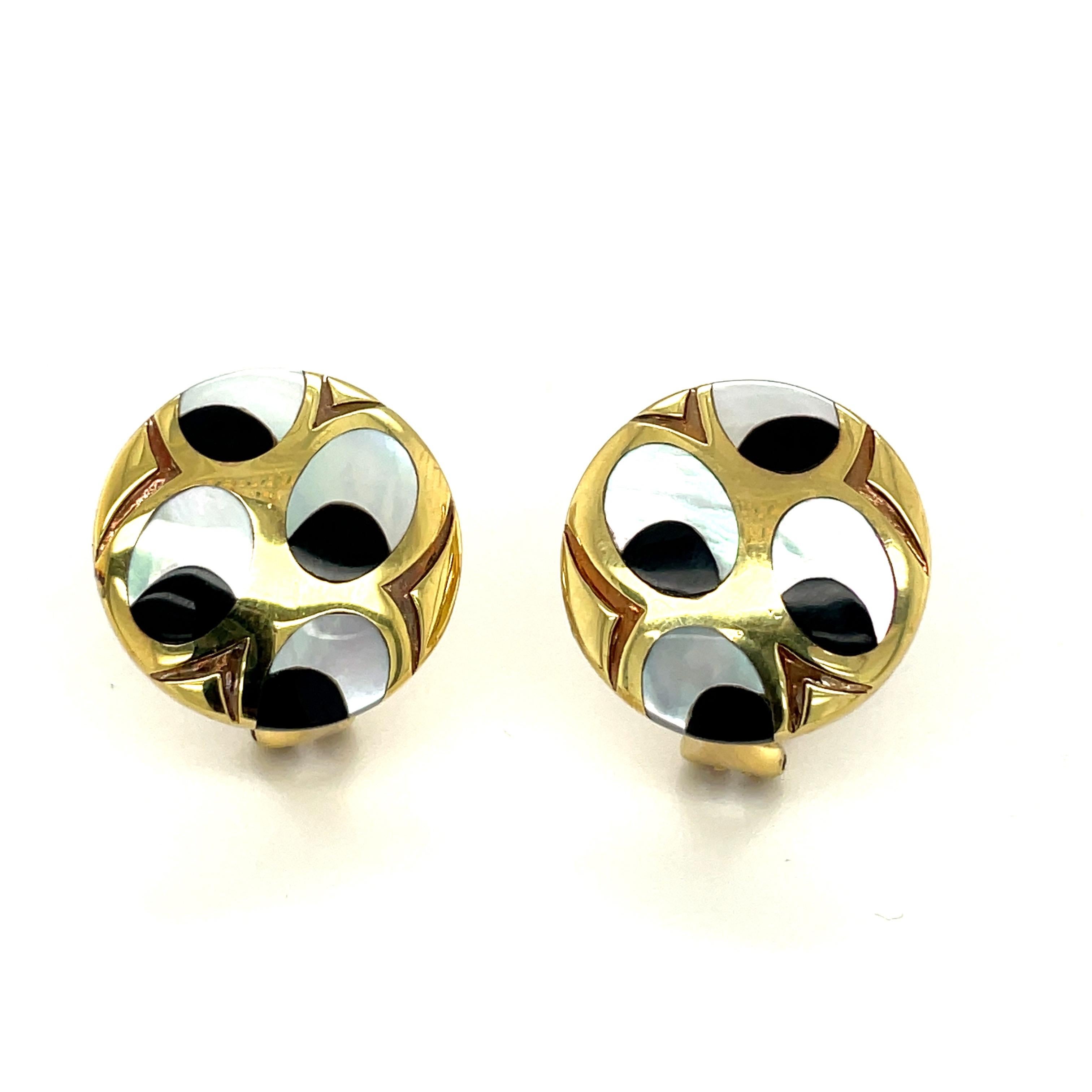 Contemporary Asch Grossbardt 18KT Yellow Earrings Inlaid with Mother of Pearl and Black Onyx For Sale