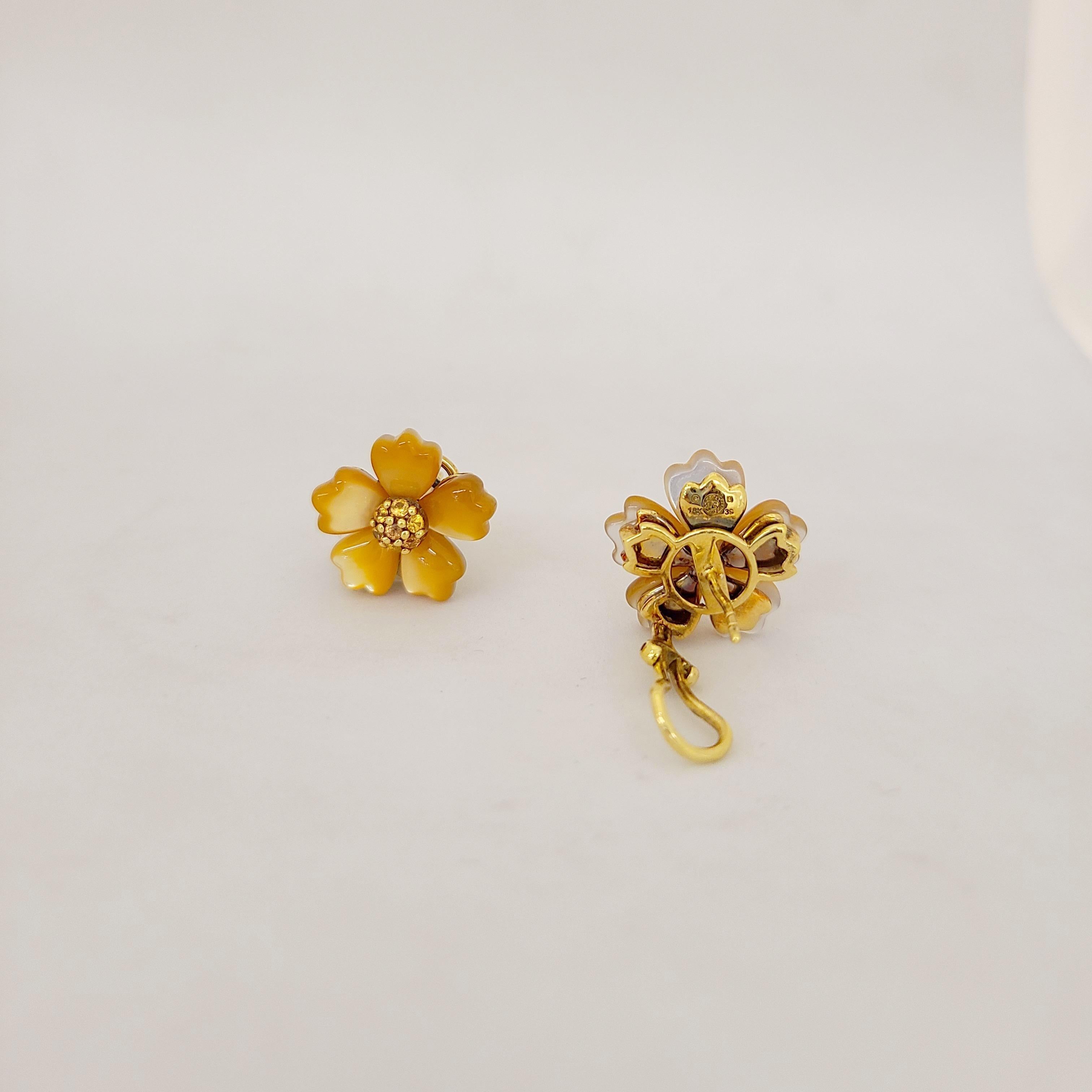 Round Cut Asch Grossbardt 18 Karat Yellow Gold, Golden Mother of Pearl & Sapphire Earrings