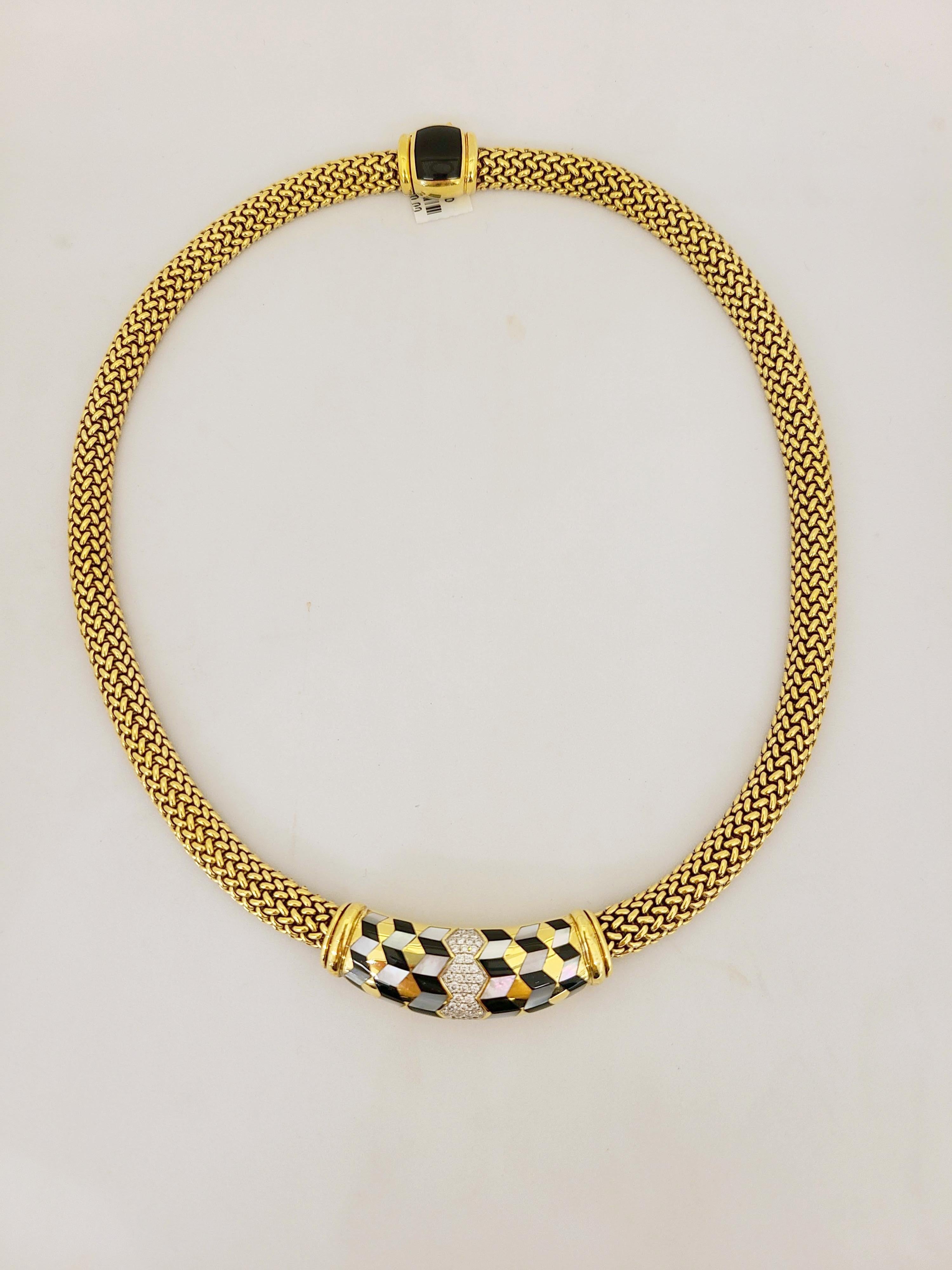Asch Grossbardt 18 Karat Gold Halskette mit Intarsien aus Onyx, Perlmutt und Diamanten (Zeitgenössisch) im Angebot