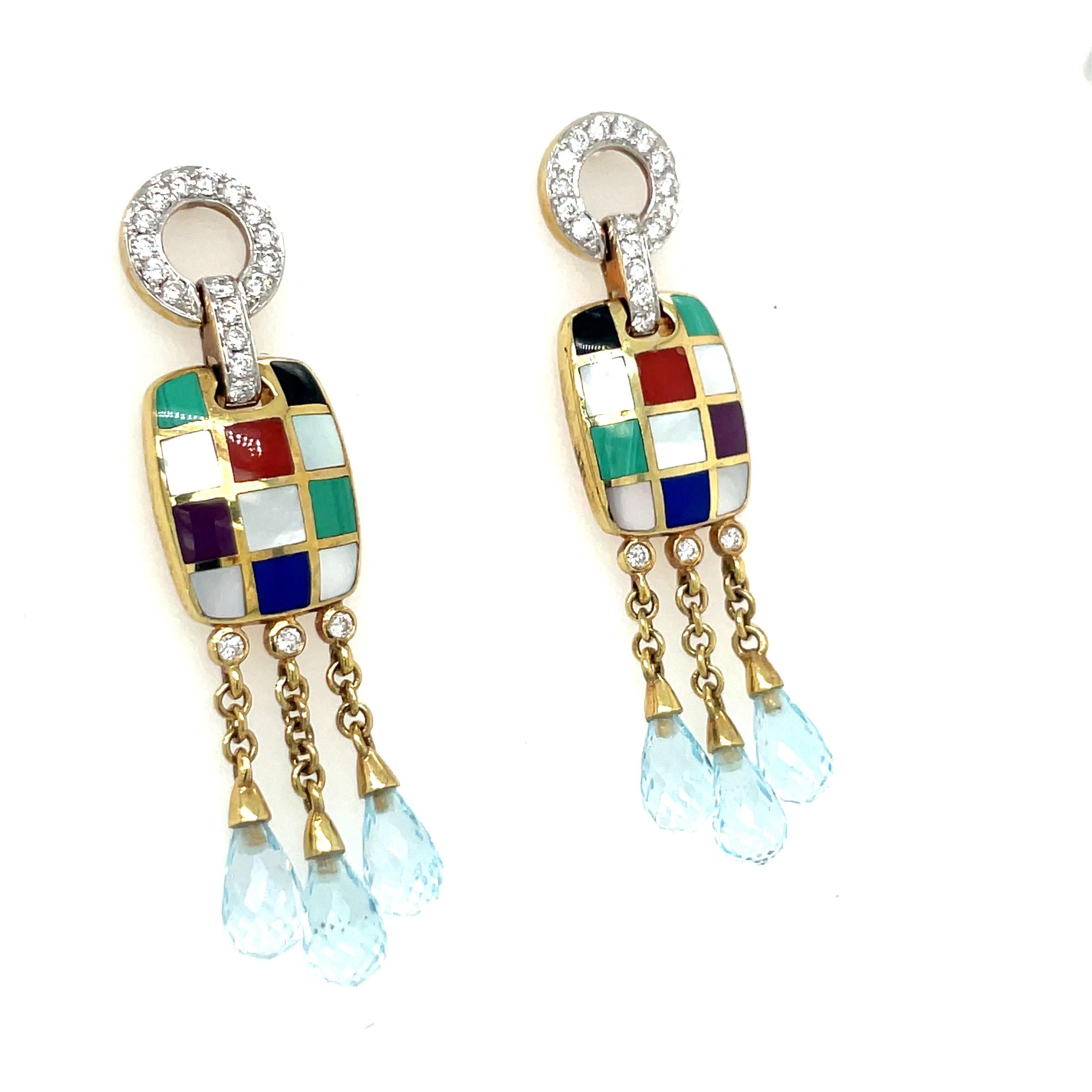 Designed by Asch Grossbardt these  18 karat yellow gold hanging earrings feature inlaid, onyx, coral, malachite, lapis lazuli , jasper and white mother of pearl in a yellow gold rectangular shape. Briolette sugalite stones gently dangle from the