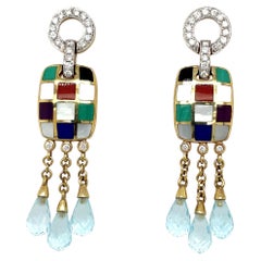 Asch Grossbardt 18KT YG .40 Ct Diamond & Inlaid Stone Hanging Earrings