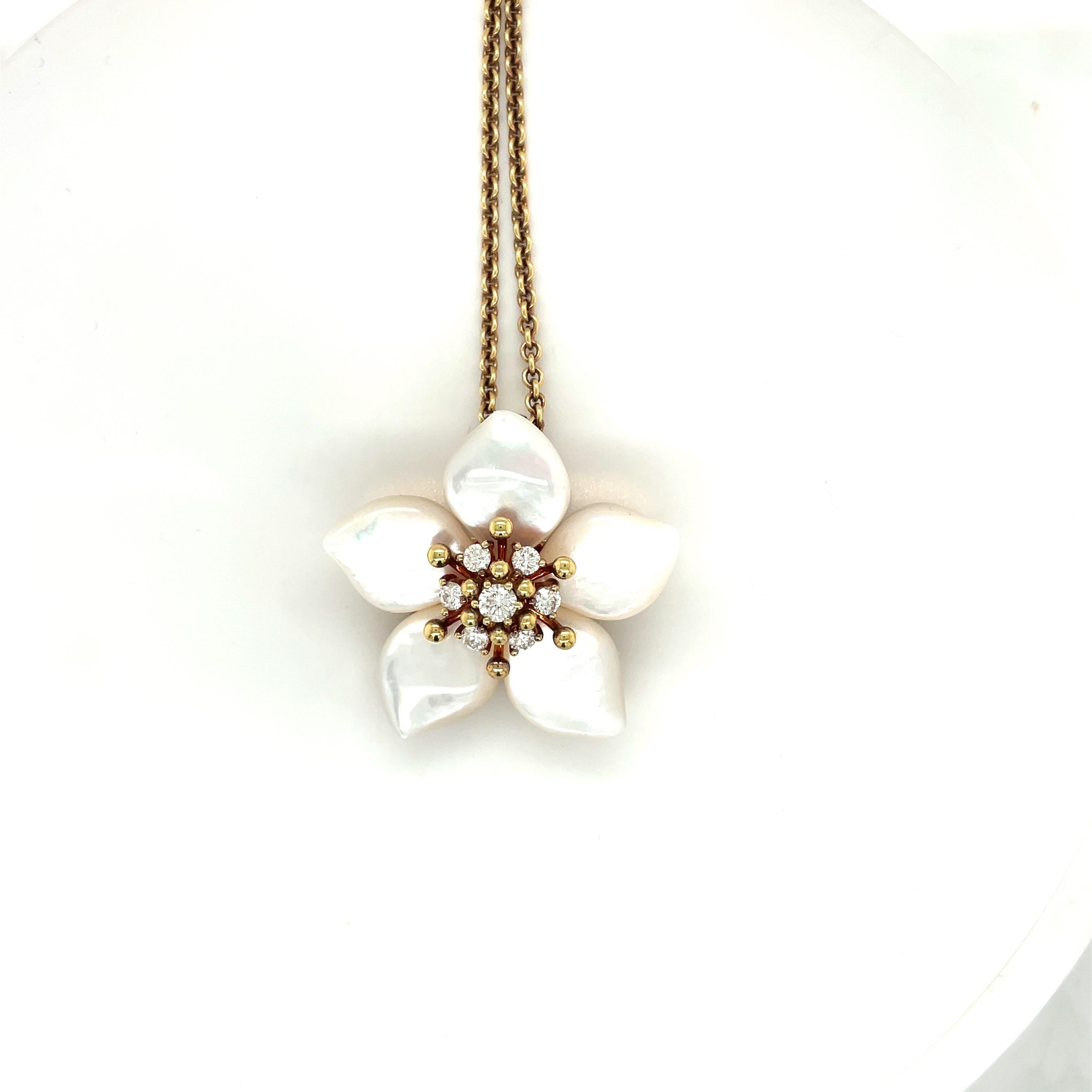 Contemporary Asch Grossbardt 18KT YG .85Ct Diamond & Mother of Pearl Flower Pendant /Brooch For Sale
