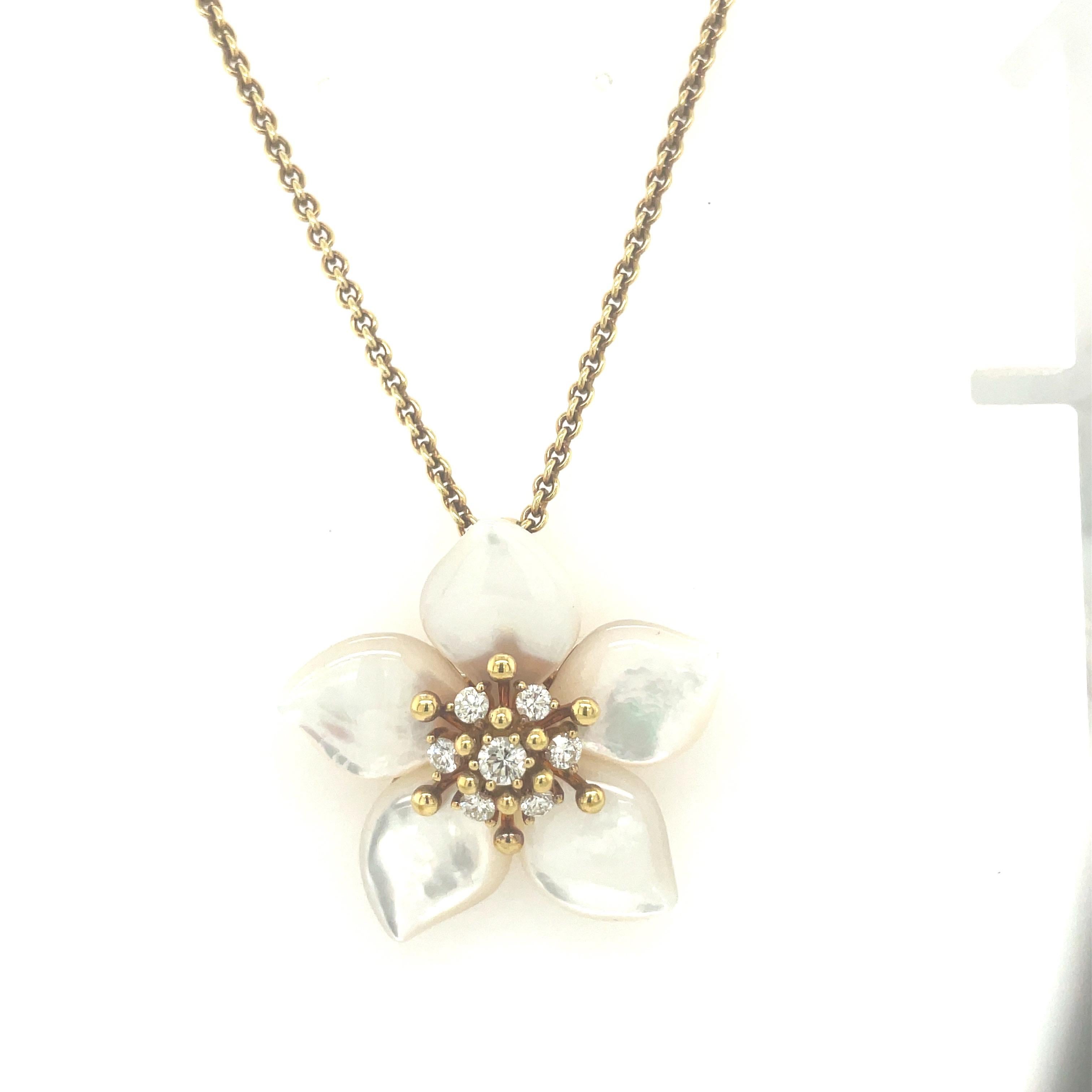 Asch Grossbardt 18KT YG .85Ct Diamond & Mother of Pearl Flower Pendant /Brooch In New Condition For Sale In New York, NY