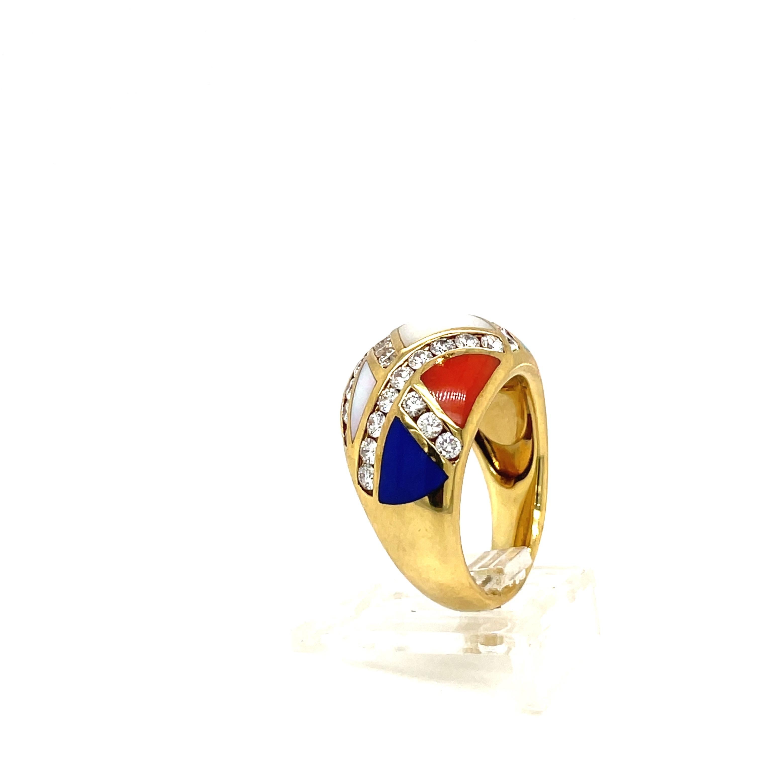 Asch Grossbardt 18KT YG Diamond 1.00Ct. & Inlaid  Semi Precious Stones Dome Ring For Sale 2