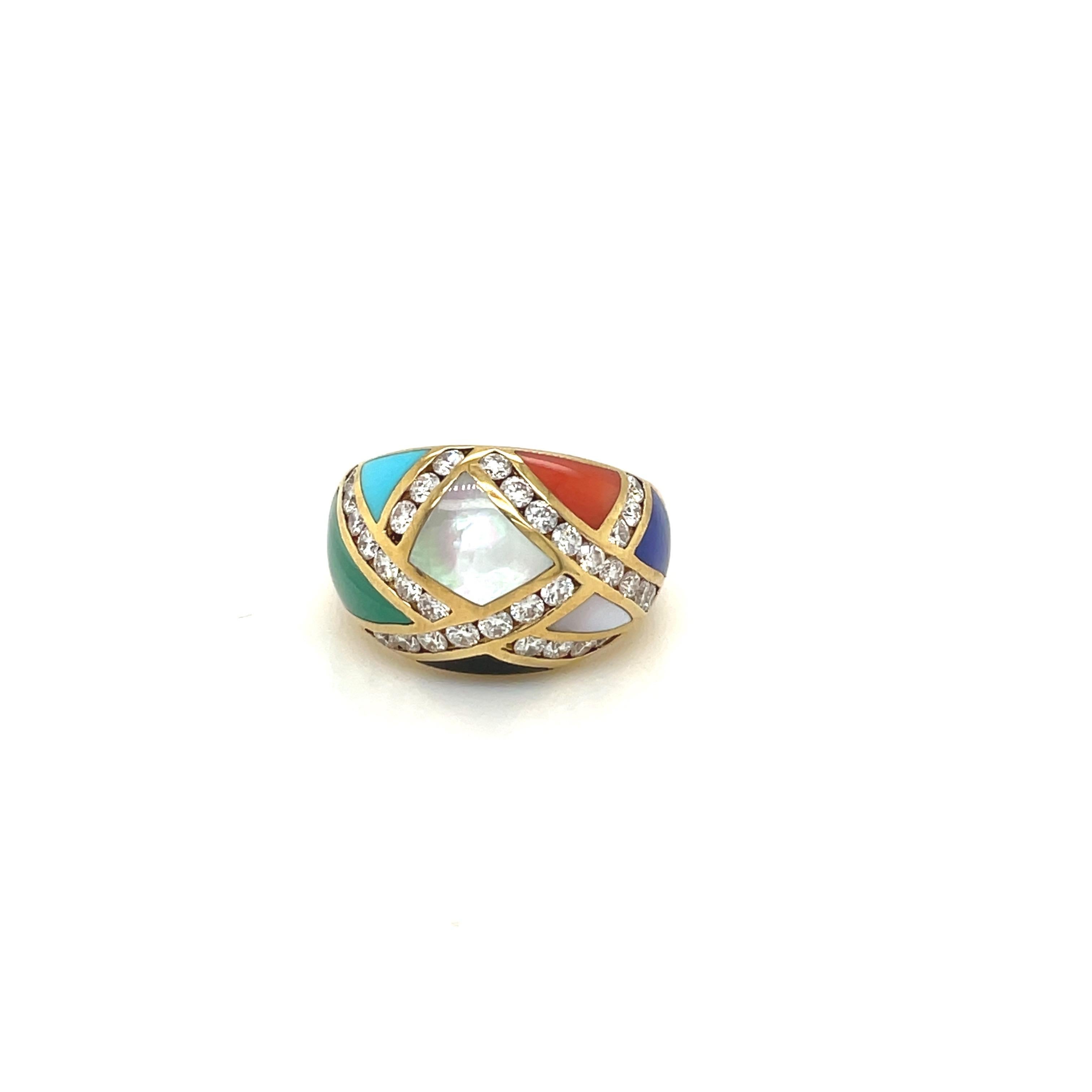 Asch Grossbardt 18KT YG Diamond 1.00Ct. & Inlaid  Semi Precious Stones Dome Ring In New Condition For Sale In New York, NY