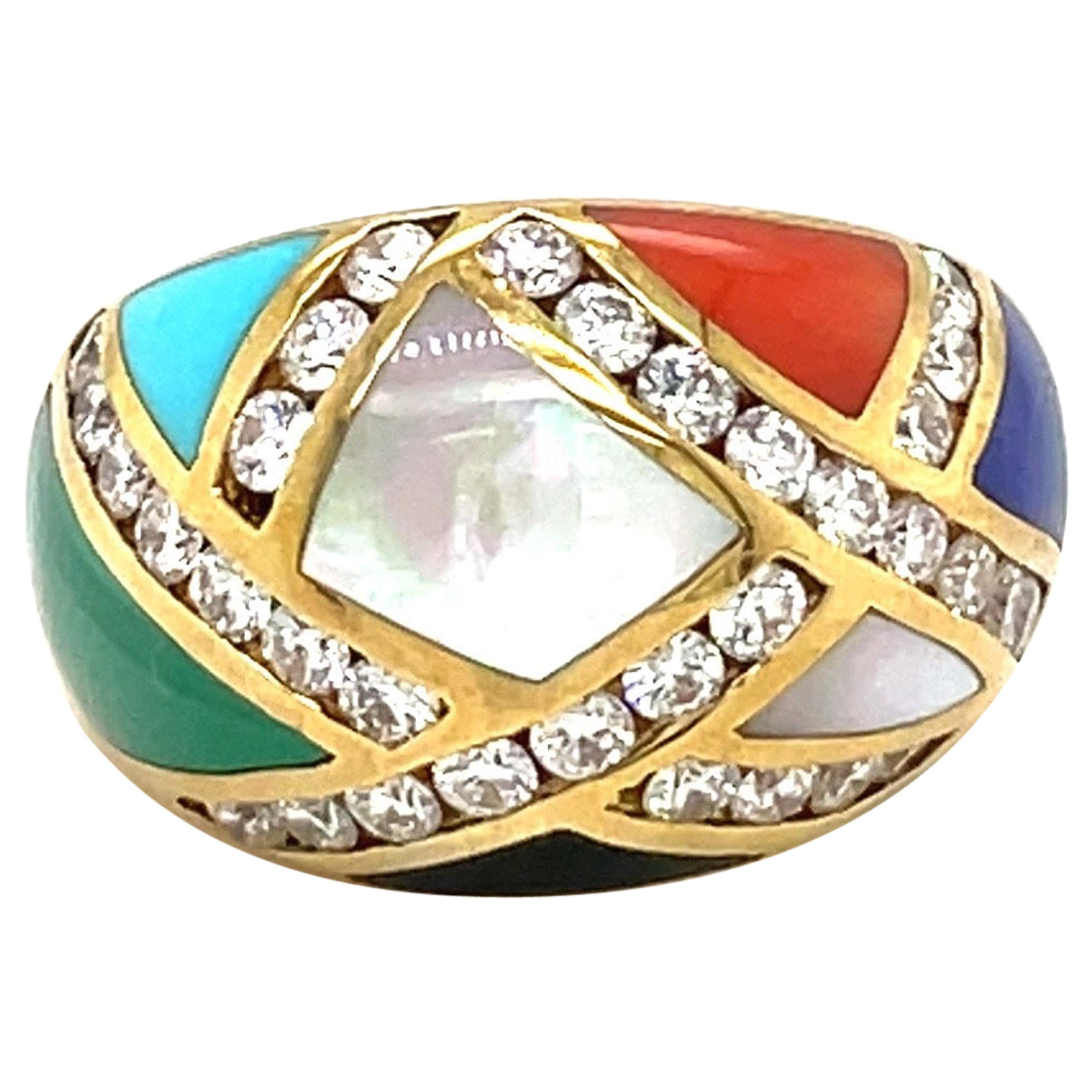 Asch Grossbardt 18KT YG Diamond 1.00Ct. & Inlaid  Semi Precious Stones Dome Ring For Sale