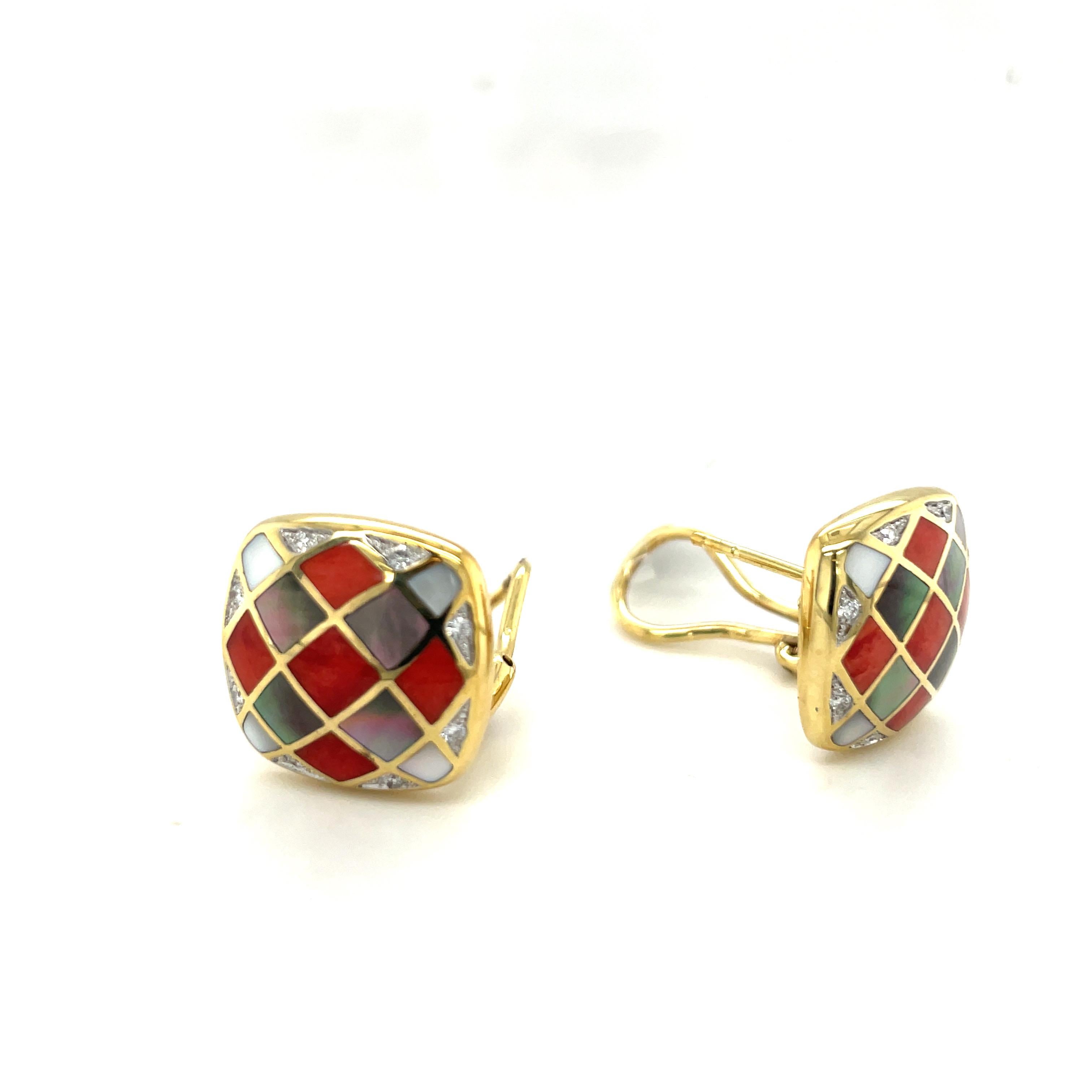 Gorgeous earrings for the coral lover. These 18 karat yellow gold cushion shaped earrings are set with a checkerboard pattern of inlaid coral and mother of pearl. Two shades of mother of pearl, white and grey give a lovely contrast to this very