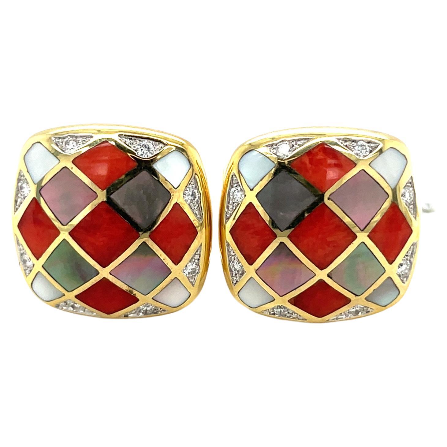 Asch Grossbardt 18KT YG Earrings with Coral, Mother of Pearl & 0.16Ct Diamonds For Sale