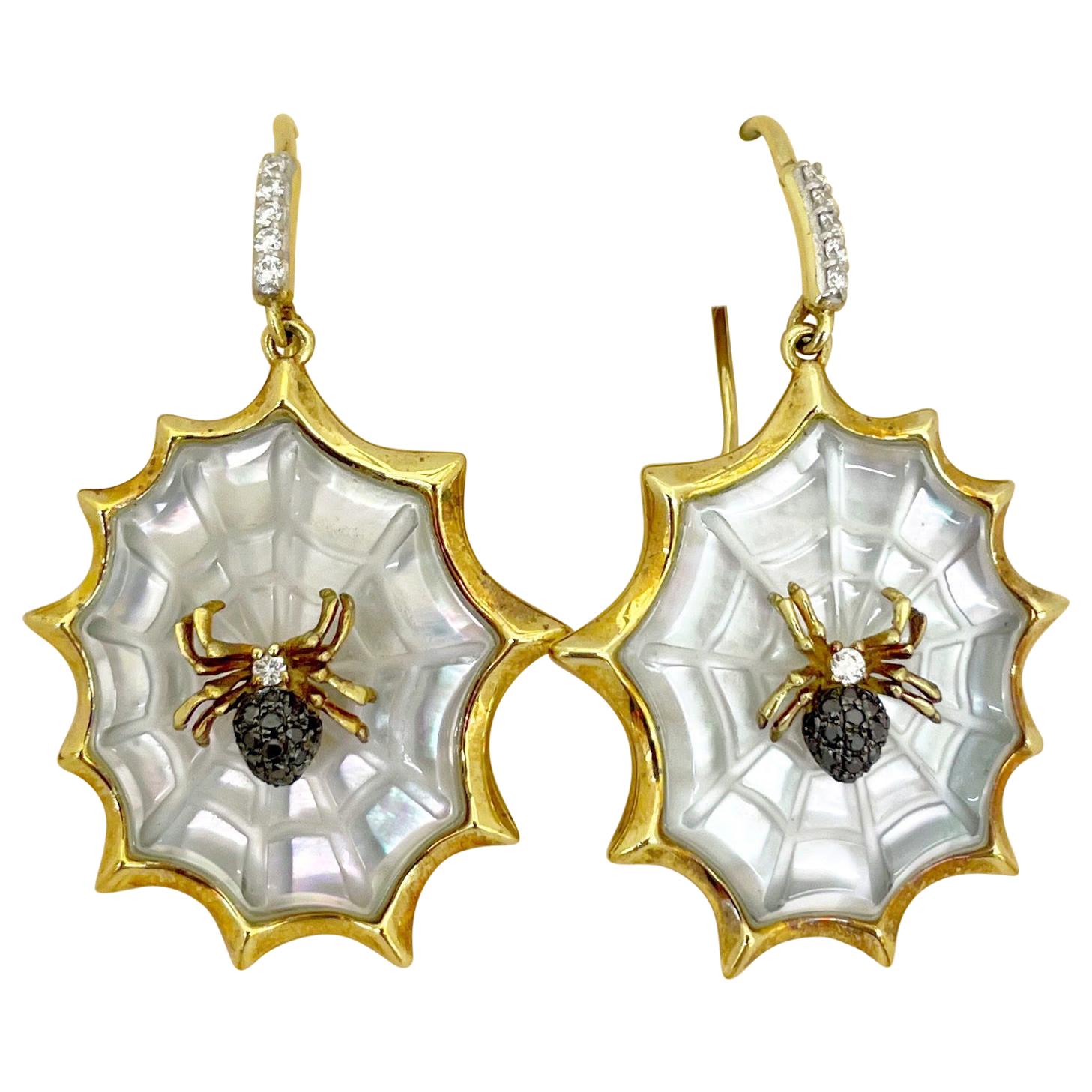 Asch Grossbardt 18KT YG Hanging Spider Web Earring Mother of Pearl and Diamond