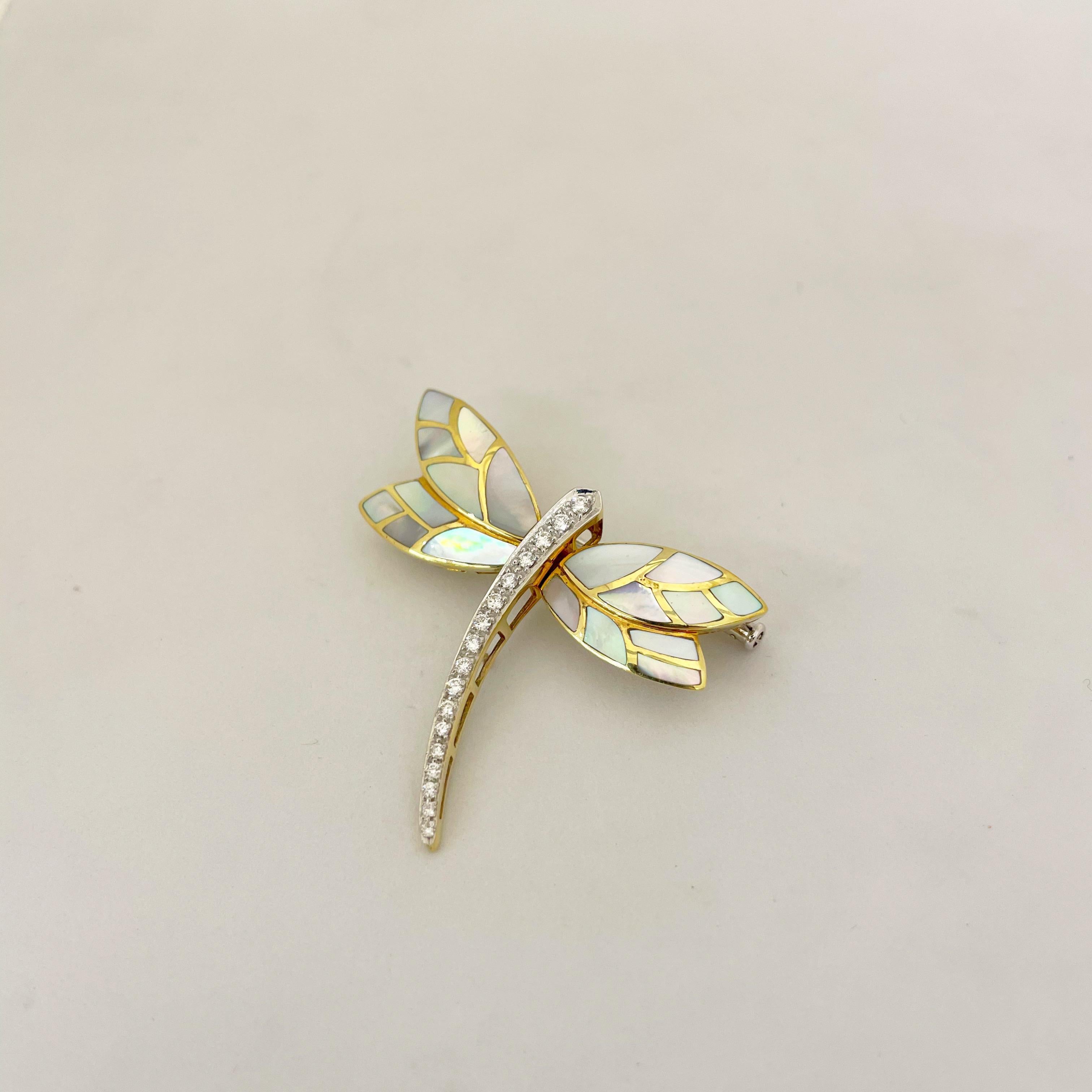 Modern Asch Grossbardt 18 Karat Gold Mother of Pearl 0.31ct Diamond Dragonfly Brooch