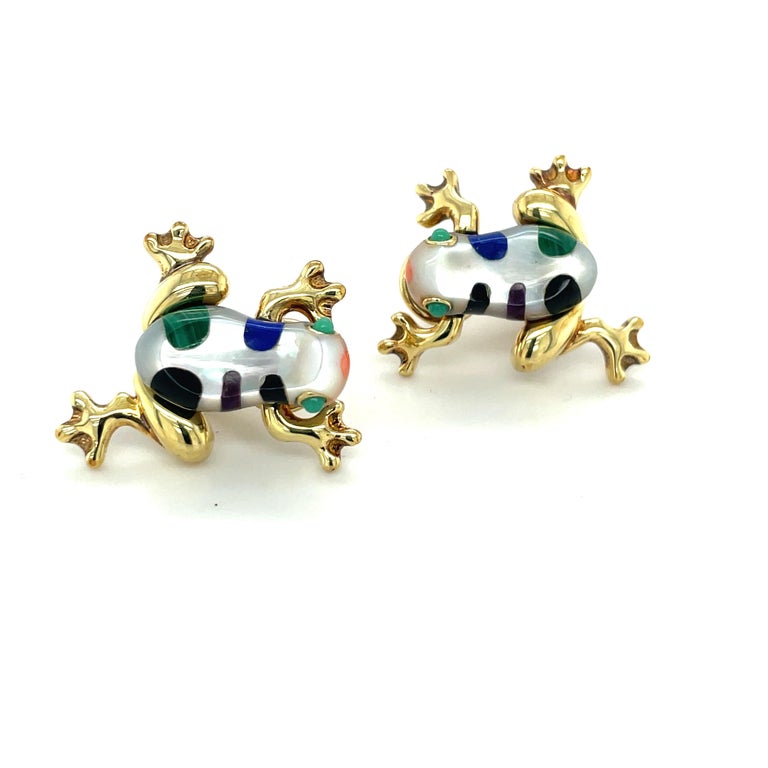 Asch Grossbardt 18KT YG Mother of Pearl Frog Earrings with Inlaid ...