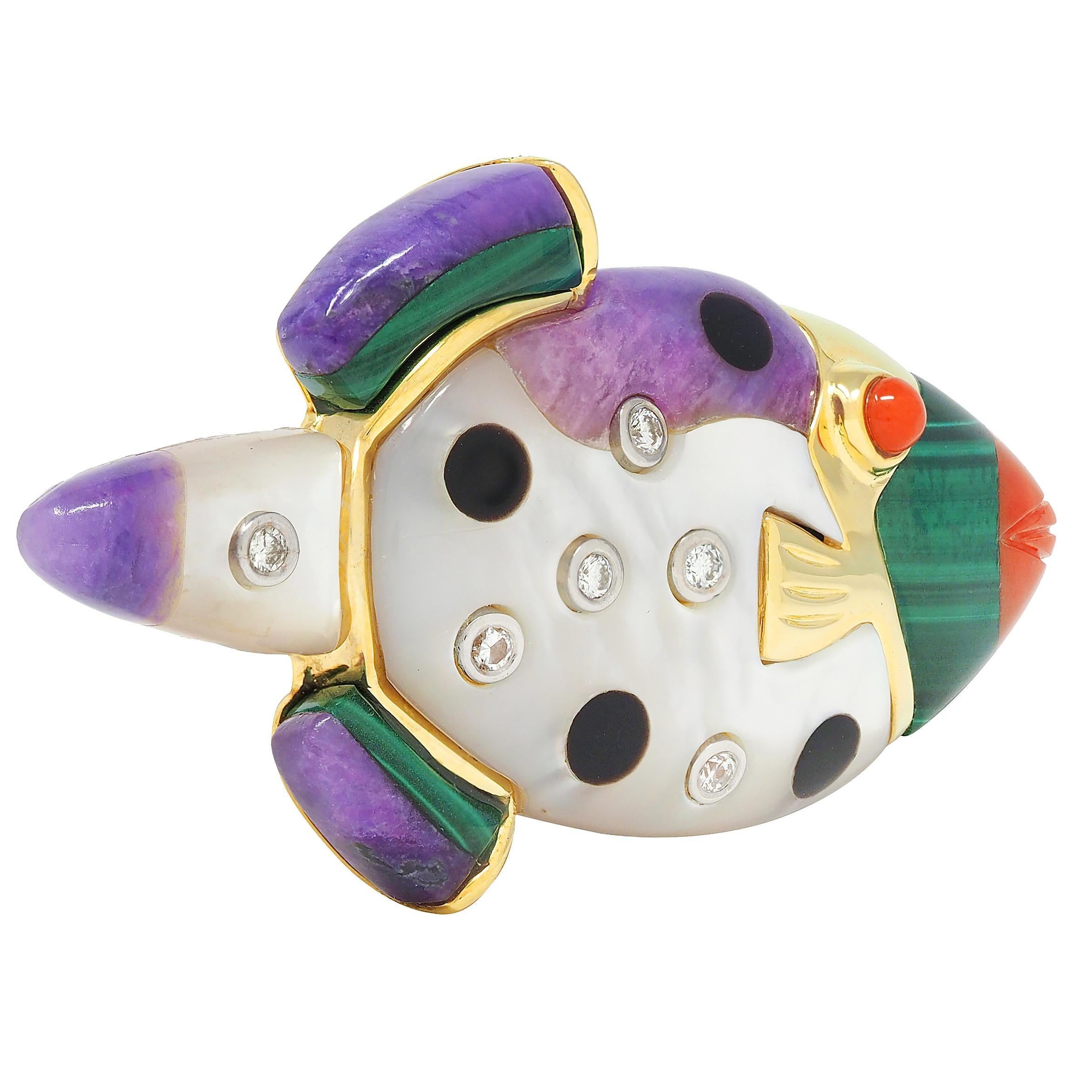 Moderno Asch Grossbardt, spilla a forma di pesce con intarsio in oro 14 carati, con diamanti multipli del 1980 in vendita