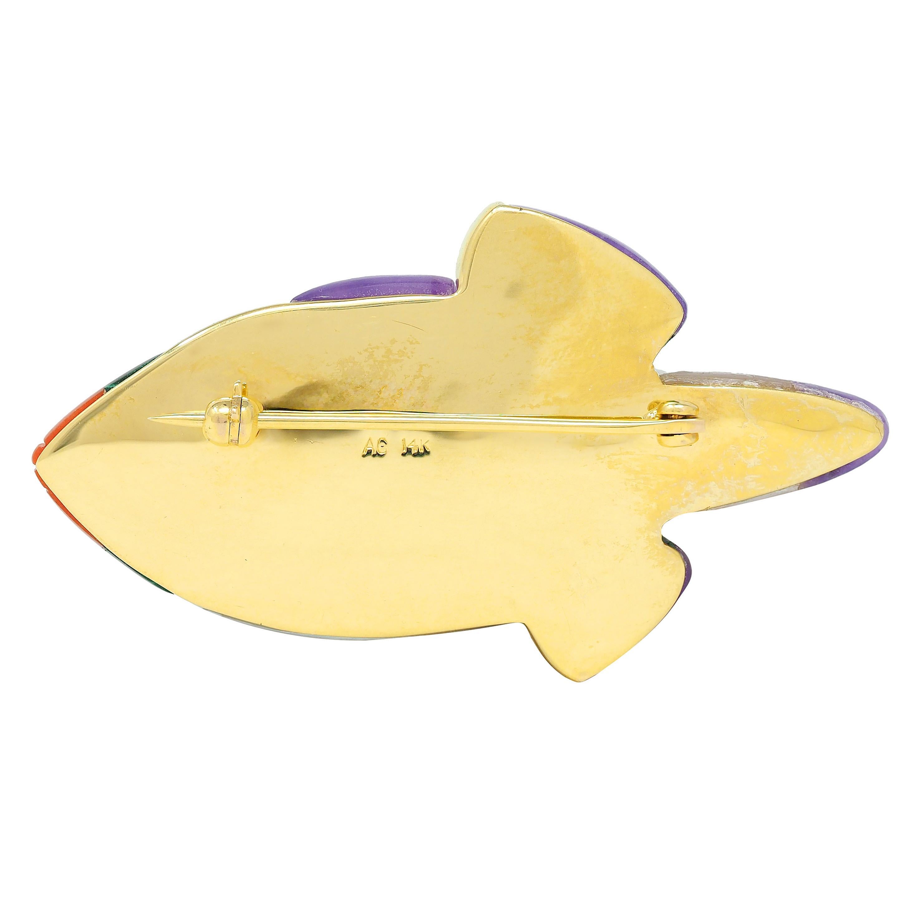 Taglio brillante Asch Grossbardt, spilla a forma di pesce con intarsio in oro 14 carati, con diamanti multipli del 1980 in vendita