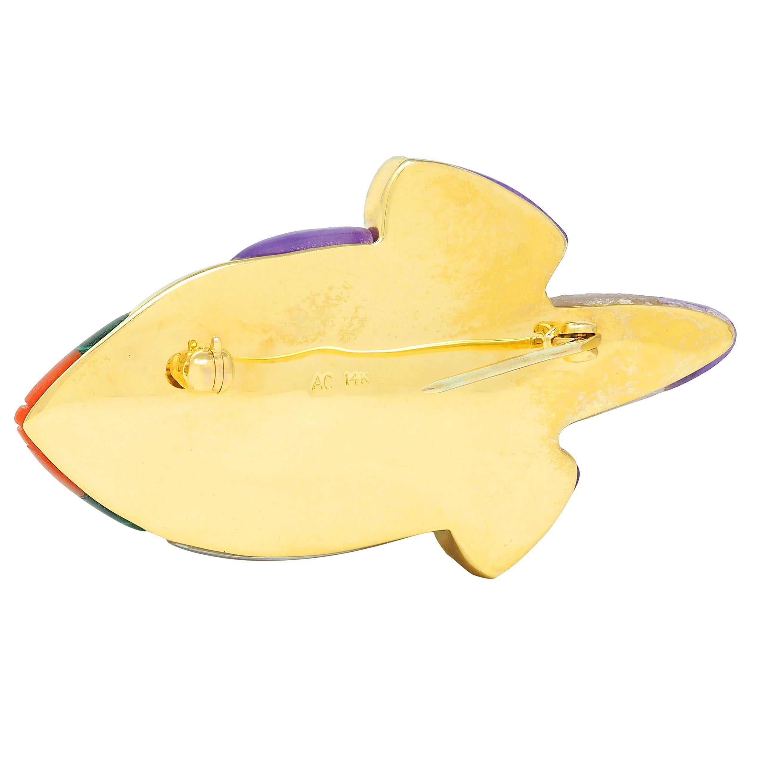 Donna Asch Grossbardt, spilla a forma di pesce con intarsio in oro 14 carati, con diamanti multipli del 1980 in vendita