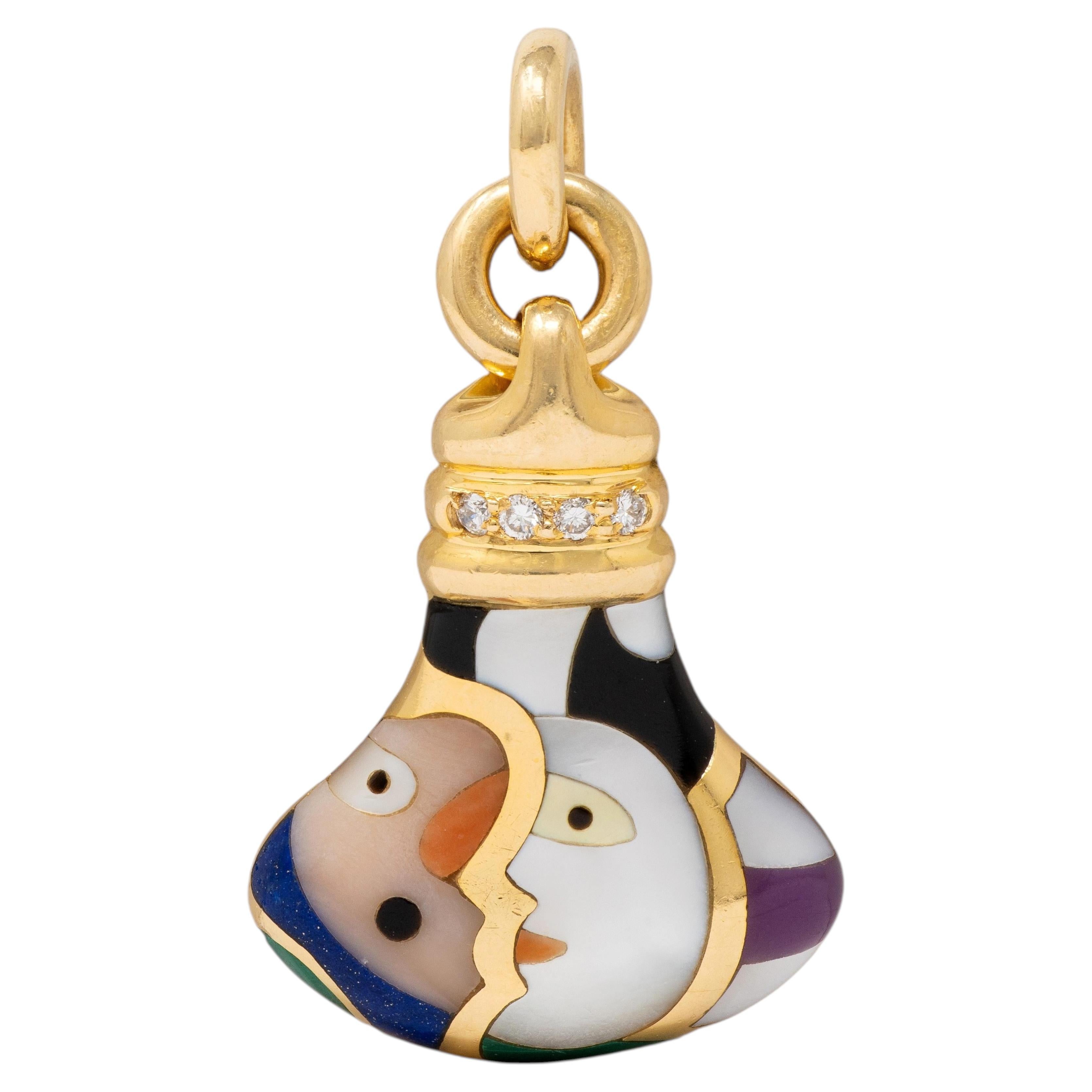Asch Grossbardt – Vintage-Anhänger aus 14-karätigem Gold mit Diamanten und verschiedenen Edelsteinen sowie Mond-Intarsien aus den 1980er Jahren
