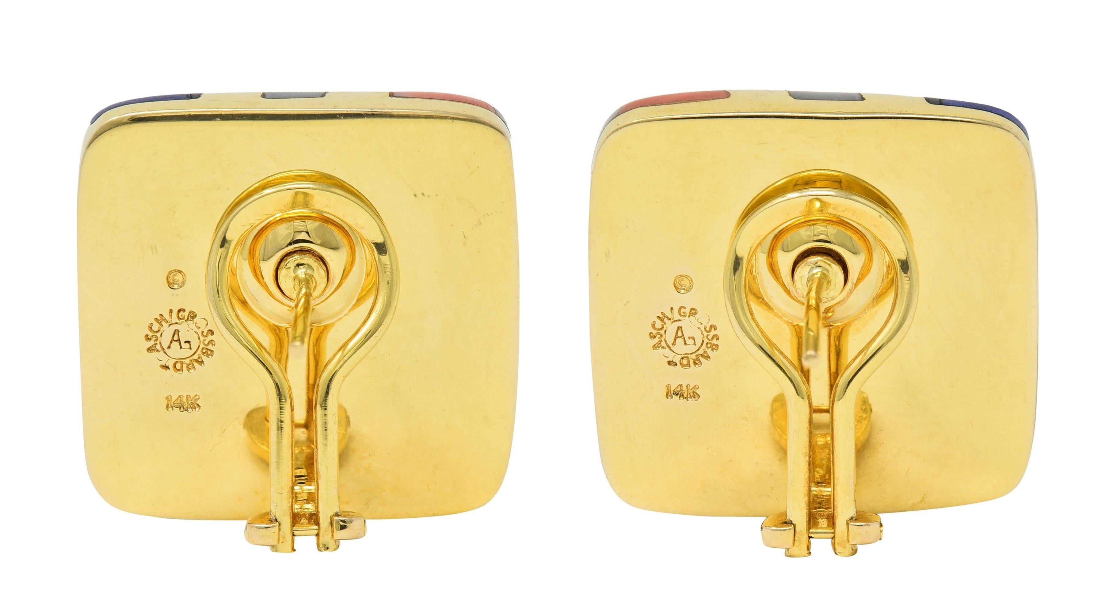 Taille coussin Asch Grossbardt, boucles d'oreilles coussin incrustées de multi-gemmes en or jaune 14 carats, années 1980 en vente