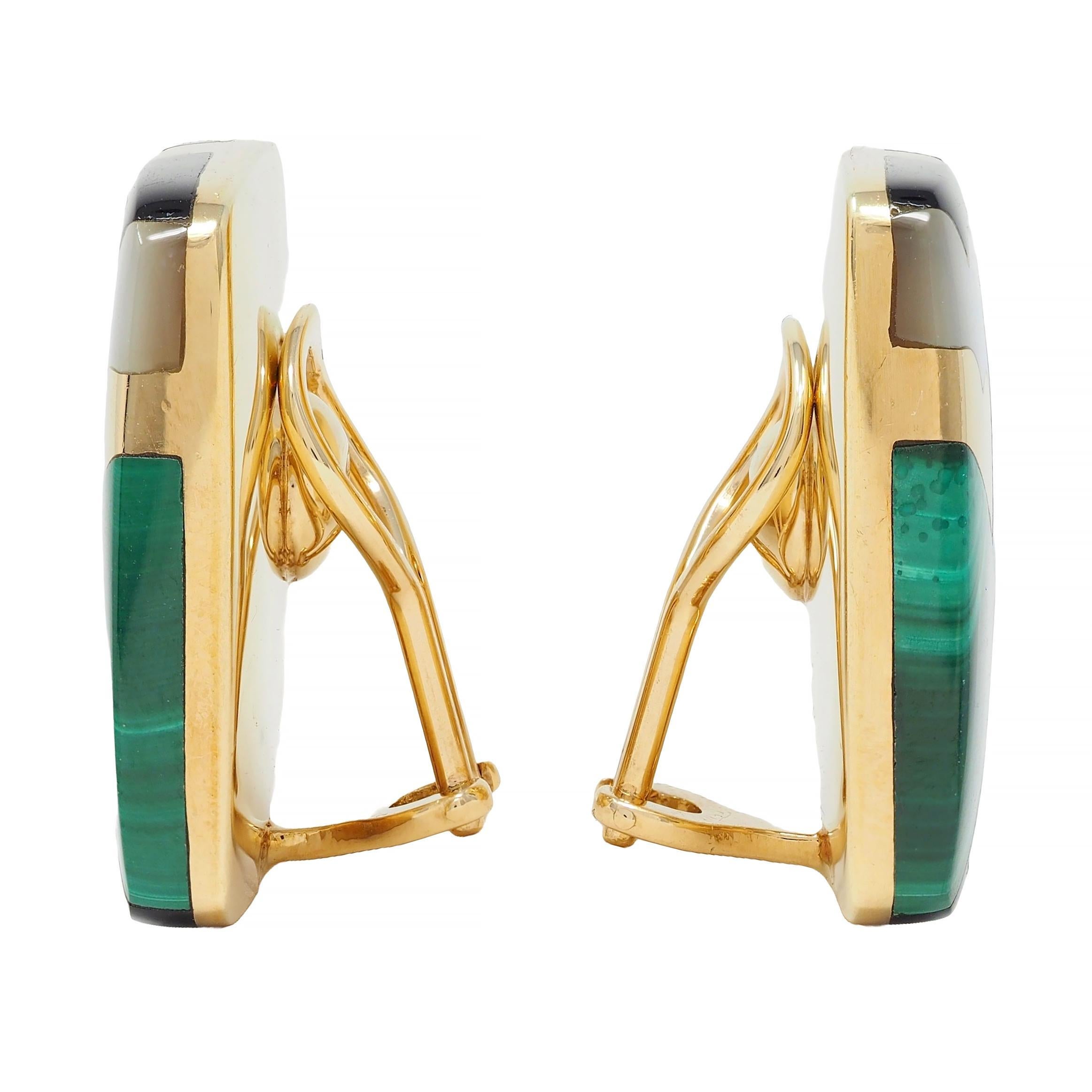 Asch Grossbardt 1980er Jahre Mehrfarbige Ohrringe aus 14 Karat Gelbgold mit Kissen-Intarsien (Brillantschliff) im Angebot