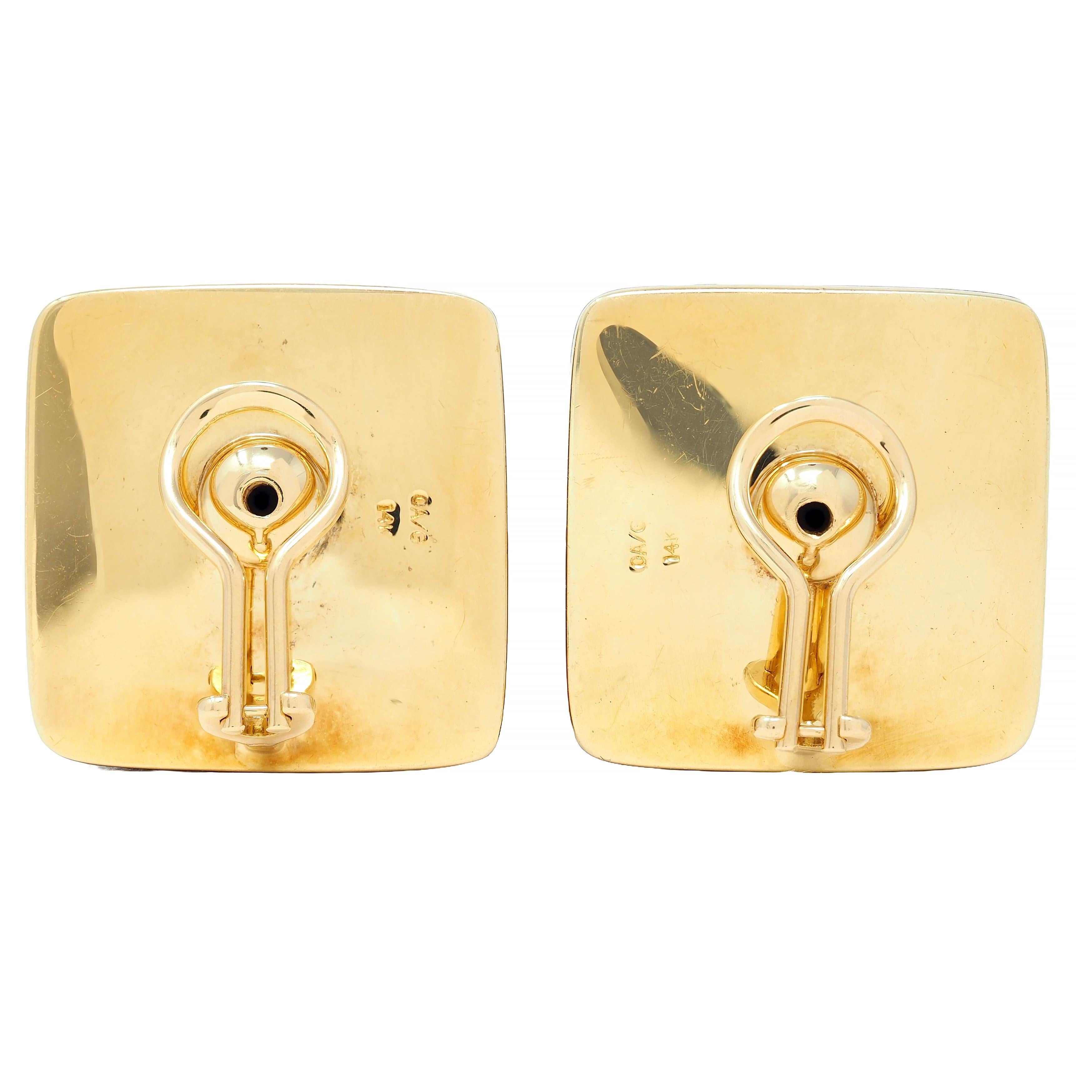 Asch Grossbardt 1980er Jahre Mehrfarbige Ohrringe aus 14 Karat Gelbgold mit Kissen-Intarsien im Zustand „Hervorragend“ im Angebot in Philadelphia, PA