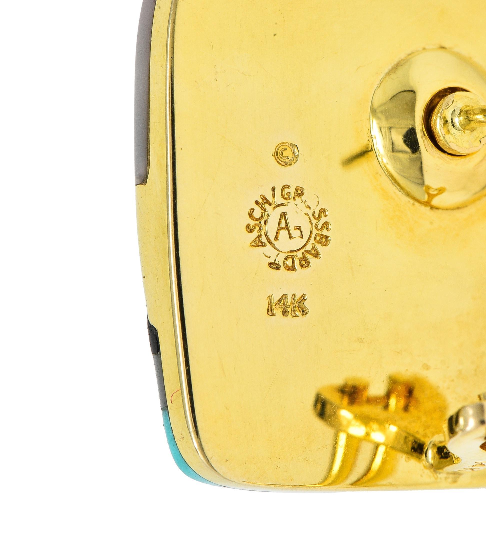 Asch Grossbardt 1980s Multi-Gem 14 Karat Yellow Gold Cushion Inlay Earrings For Sale 1