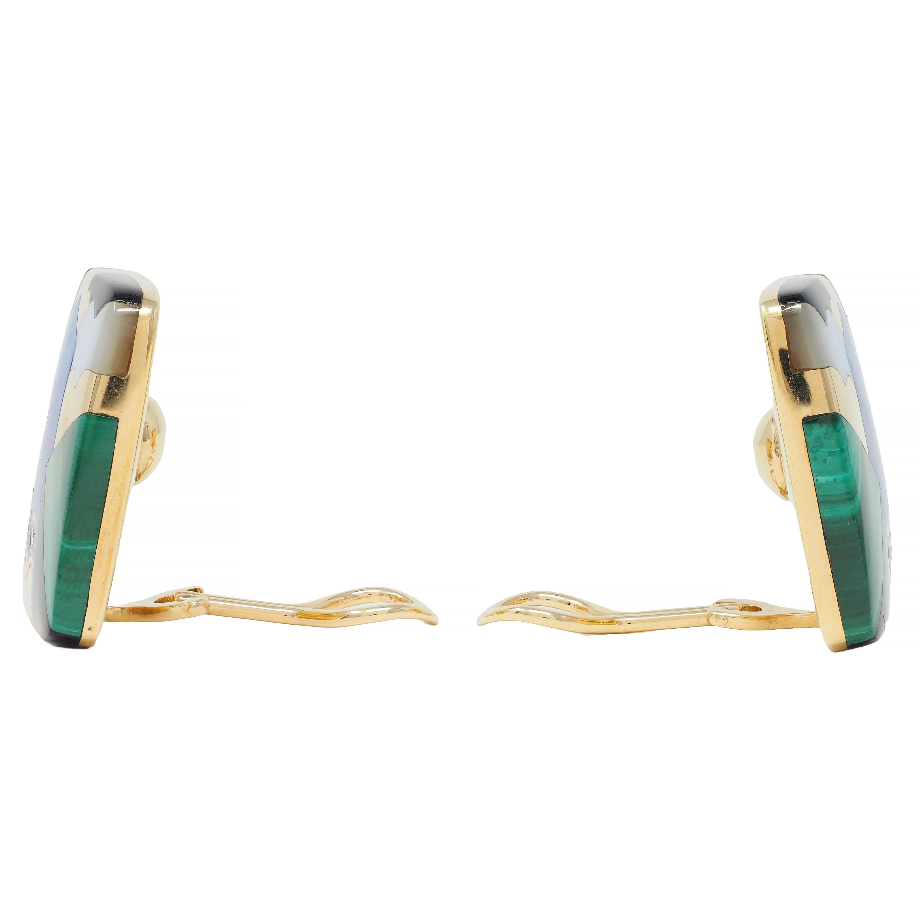 Asch Grossbardt 1980er Jahre Mehrfarbige Ohrringe aus 14 Karat Gelbgold mit Kissen-Intarsien im Angebot 2