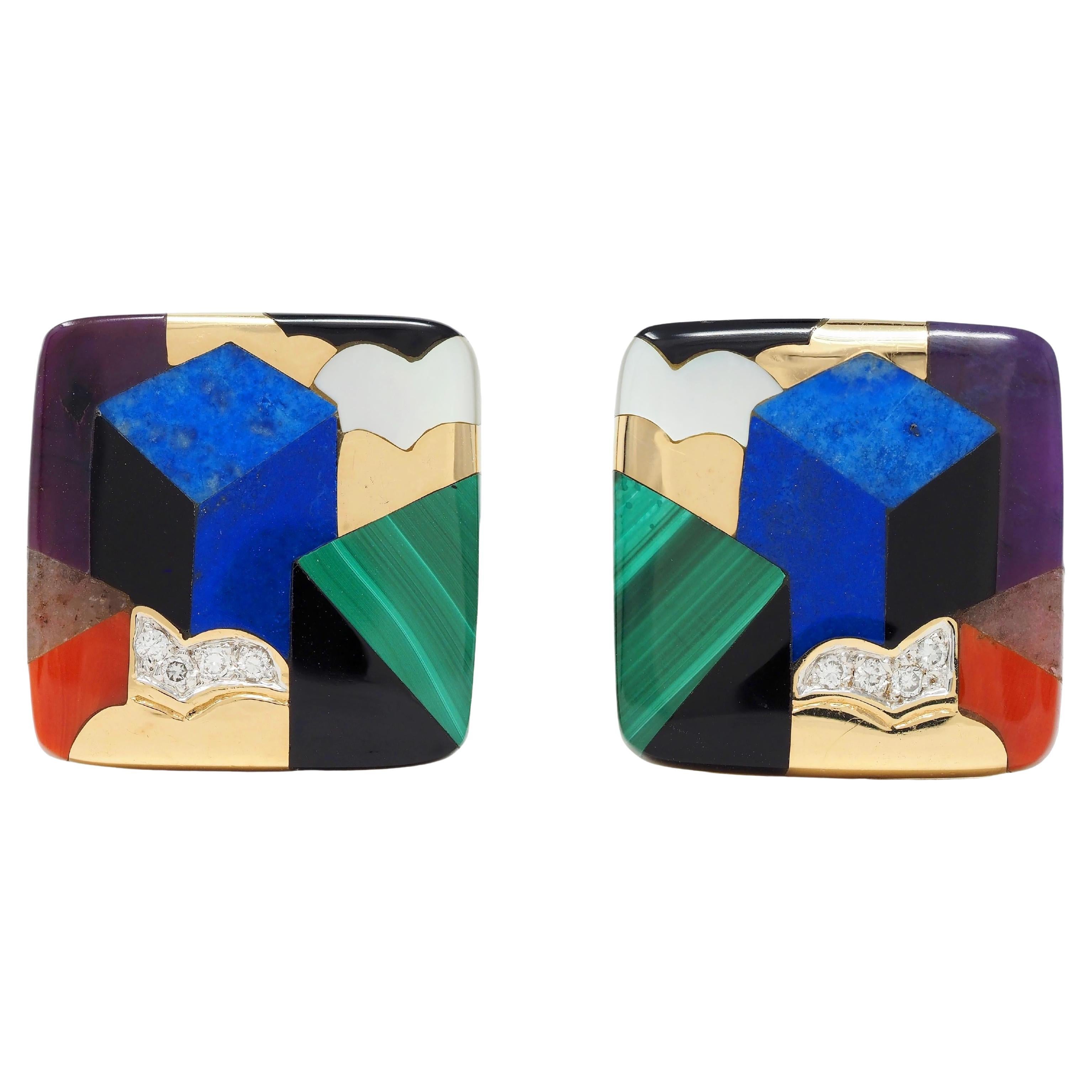 Asch Grossbardt 1980s Multi-Gem 14 Karat Yellow Gold Cushion Inlay Earrings