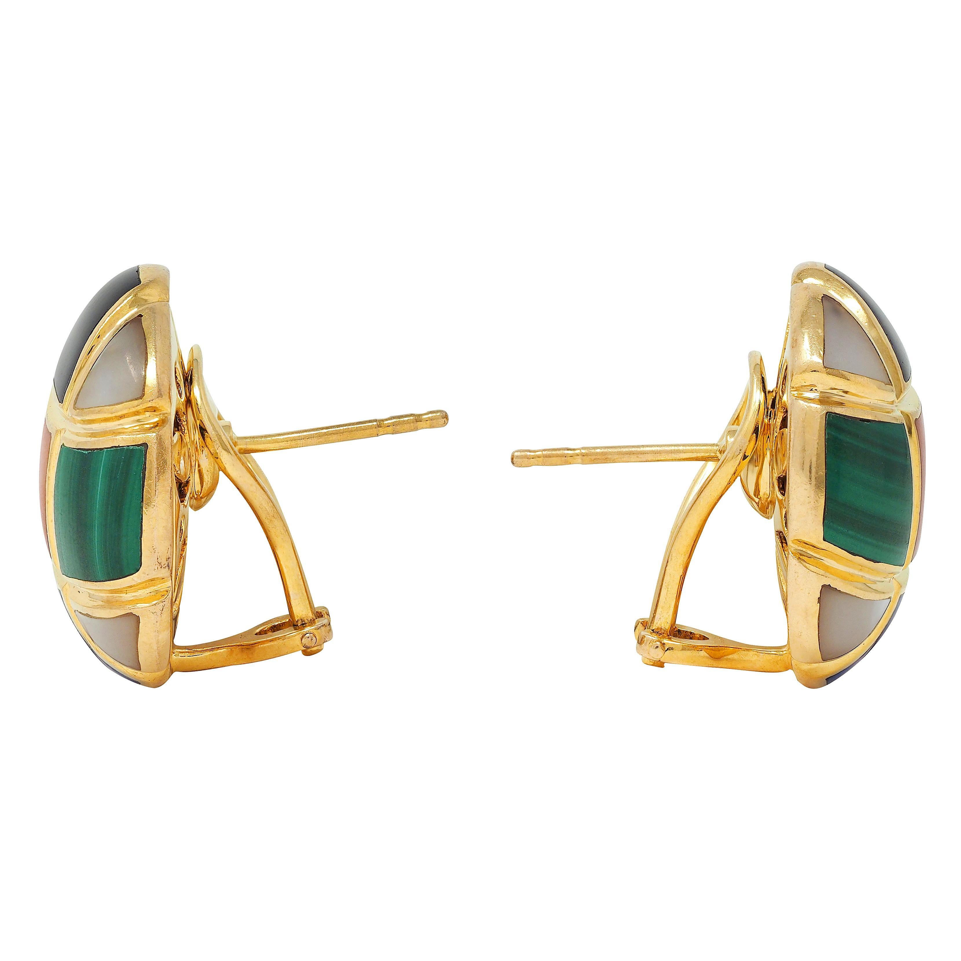 Cabochon Asch Grossbardt 1980s Multi-Gem 14 Karat Yellow Gold Vintage Dome Inlay Earrings For Sale