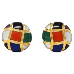 Asch Grossbardt 1980 Boucles d'oreilles en or jaune 14 carats avec incrustation en forme de dôme, style Vintage