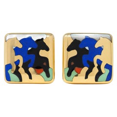 Asch Grossbardt 1980's Multi-Gem 14K Gold Vintage Cushion Horse Inlay Earrings